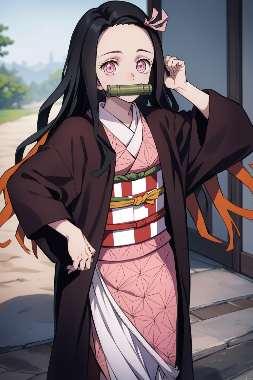 Nezu furnace, Nezuko Kamado, Bamboo, (bit gag:1.5), 1:1,Chibi,Black hair, (Forehead:1.5), gag, Gagged, Hair Ribbon, Long hair, multicolored hair, (Pink eyes:1.5), Orange hair, Slit pupils, Wavy Hair, Two-tone hair,
Break asa is not (Pattern), Checkered sash, haori, komono, Kimono, Long sleeves, Obi, Pink kimono, sash, wariza,  Wide sleeves,
BREAK looking at viewer,
Break indoors,
BREAK (masutepiece:1.2), Best Quality, High resolution, Unity 8k壁纸, (Illustration:0.8), (Beautiful detailed eyes:1.6), extra detailed face, Perfect Lighting, extremely details CG, (Perfect hands, Perfect Anatomy), different pose, dancing lightly, backwards, looking back