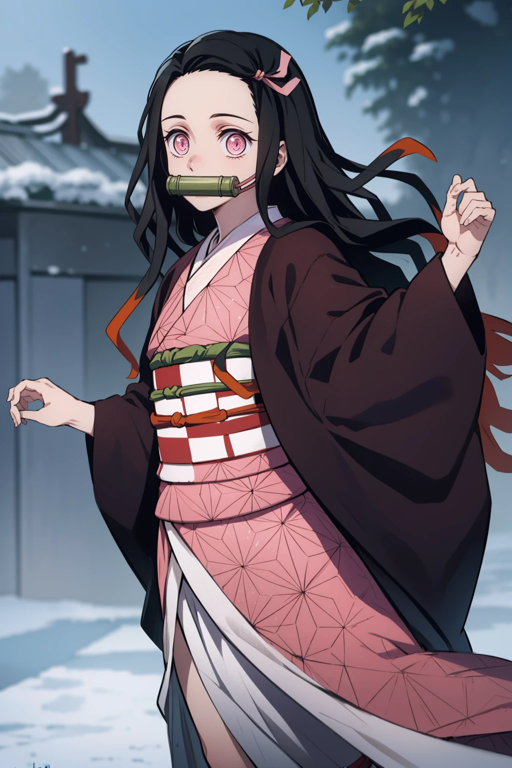 Nezu furnace, Nezuko Kamado, Bamboo, (bit gag:1.5), 1:1,Chibi,Black hair, (Forehead:1.5), gag, Gagged, Hair Ribbon, Long hair, multicolored hair, (Pink eyes:1.5), Orange hair, Slit pupils, Wavy Hair, Two-tone hair,
Break asa is not (Pattern), Checkered sash, haori, komono, Kimono, Long sleeves, Obi, Pink kimono, sash, wariza,  Wide sleeves,
BREAK looking at viewer,
Break indoors,
BREAK (masutepiece:1.2), Best Quality, High resolution, Unity 8k壁纸, (Illustration:0.8), (Beautiful detailed eyes:1.6), extra detailed face, Perfect Lighting, extremely details CG, (Perfect hands, Perfect Anatomy), different pose, dancing lightly, backwards, looking back