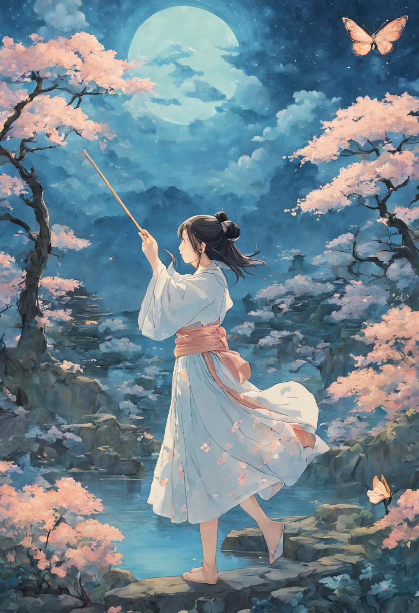 1girl, A young Magical Girl, gracefully casting a spell with her wand, surrounded by enchanting flora and fauna, radiating magical energy. The scene should evoke a sense of wonder and mystery. The style should emulate the intricate brushwork and delicate linework of Katsushika Hokusai, with a focus on capturing the essence of traditional Japanese ukiyo-e art. The medium should be a watercolor painting on canvas, showcasing vibrant colors and fluid brushstrokes. The category is fantasy art, depicting the magical realm. The color palette should consist of pastel hues and ethereal blues, creating a dreamlike atmosphere. The digital graphics should enhance the magical elements, adding subtle glows and sparkles. The resolution should be high, allowing for intricate details to be captured.