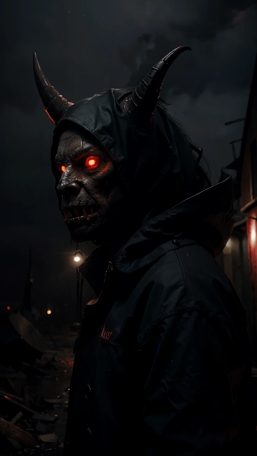 (best quality:1.2,ultra-detailed,realistic:1.37),monster with one horn,sharp teeth,big mouth,body made from many beasts,fiery red eyes,scaly skin,giant claws,dark and menacing presence,eerie and ominous setting,gloomy atmosphere,dramatic lighting,industrial background,creepy and sinister,nighttime scene,horror art style,vivid colors,red and black color scheme,ominous shadows.