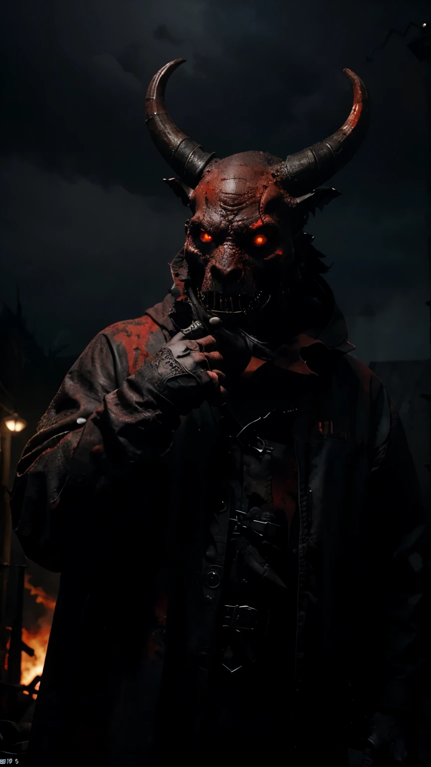 (best quality:1.2,ultra-detailed,realistic:1.37),monster with one horn,sharp teeth,big mouth,body made from many beasts,fiery red eyes,scaly skin,giant claws,dark and menacing presence,eerie and ominous setting,gloomy atmosphere,dramatic lighting,industrial background,creepy and sinister,nighttime scene,horror art style,vivid colors,red and black color scheme,ominous shadows.