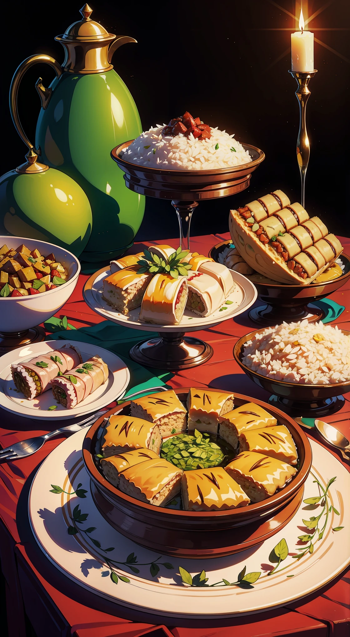 Illustrate a lavish spread of delicious Eid delicacies, including succulent lamb or goat dishes, aromatic rice, and an array of delectable sweets like baklava and ma'amoul.