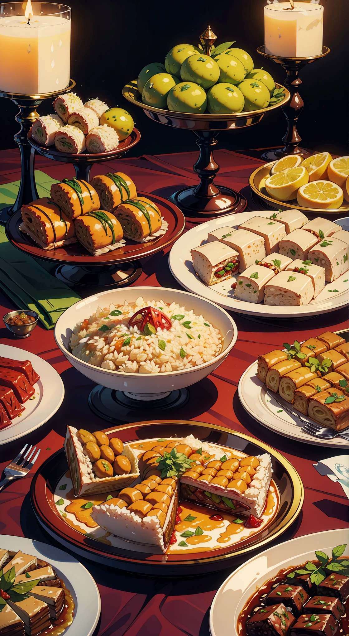 Illustrate a lavish spread of delicious Eid delicacies, including succulent lamb or goat dishes, aromatic rice, and an array of delectable sweets like baklava and ma'amoul.