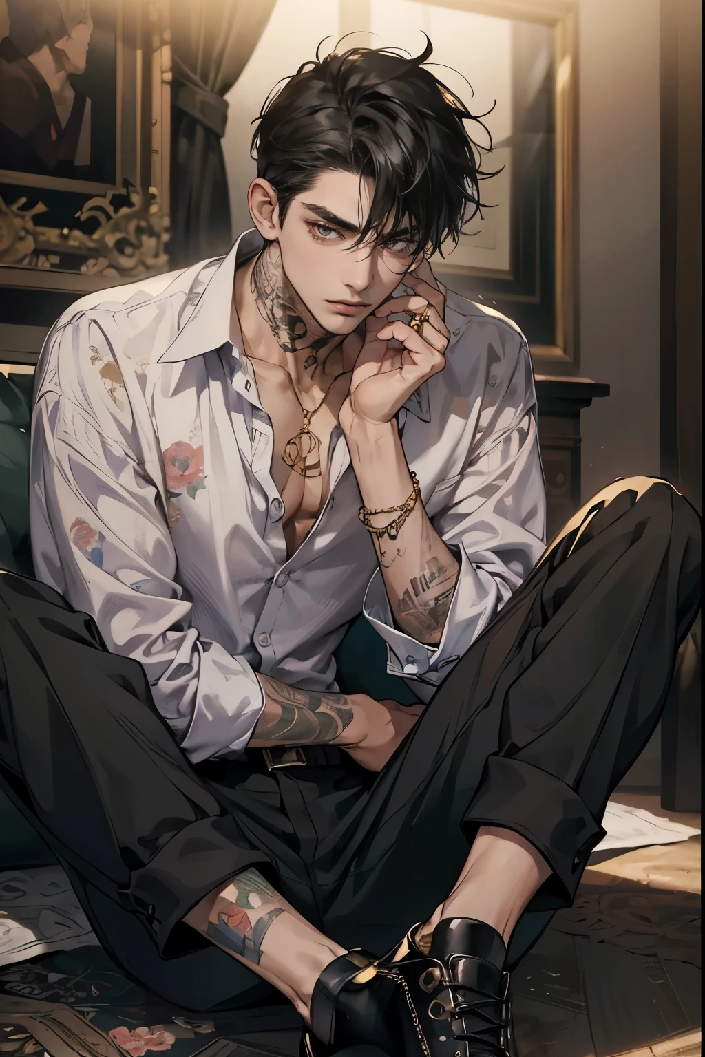 1 boy, a man with tattoos sitting on a couch, handsome, handsome male, Perfect male body, black hair, leather shoes, serious expression, Sanpaku, highest quality, ray tracing, dramatic shadows, gold chain, floral shirt, Hold your face with one hand, gold ring