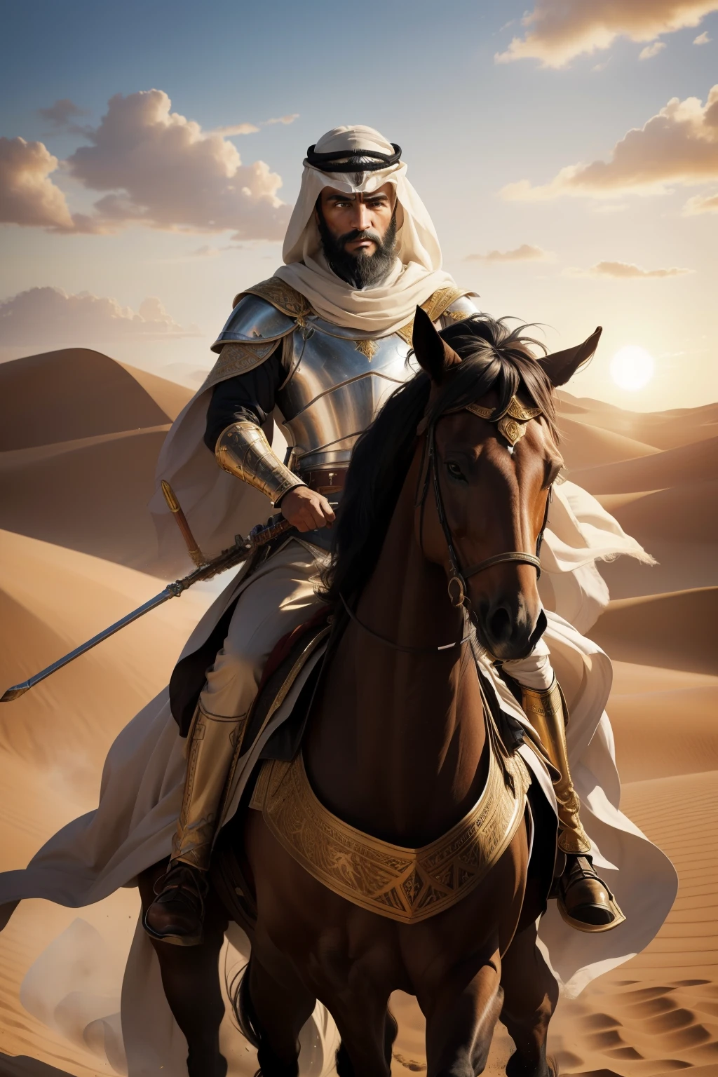 An evocative close-up illustration of an Arab knight, proudly seated atop his galloping steed, in the midst of the vast desert landscape. The knight, with strong, defined features and a distinguished beard, wears traditional armor adorned with intricate gold and jewel embellishments. The sun sets behind them, casting a warm, rich golden hue over their rugged faces, as the winds of the desert play with their flowing robes. The horse, with sweeping manes and tails, gallops forward, leaving a trail of fine, golden sand in their wake. The scene is masterfully painted with precise, hyper-realistic brushstrokes, boasting a high