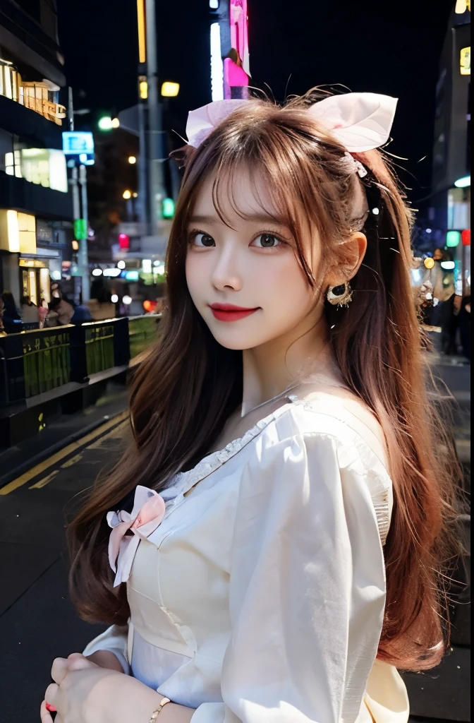 masterpiece, highest quality, night, performer, cityscape, genuine, Huge_file size, wallpaper, colorful, girl, long hair, pink hair, drill hair, tied hair, beautiful and fine eyes, looking at the viewer, enchanting smile, Japanese_Clothes, heart, Ruffled Socks, hair_flower, hairclip, flower ribbon, hair_bow, earrings, jewelry, bracelet,
