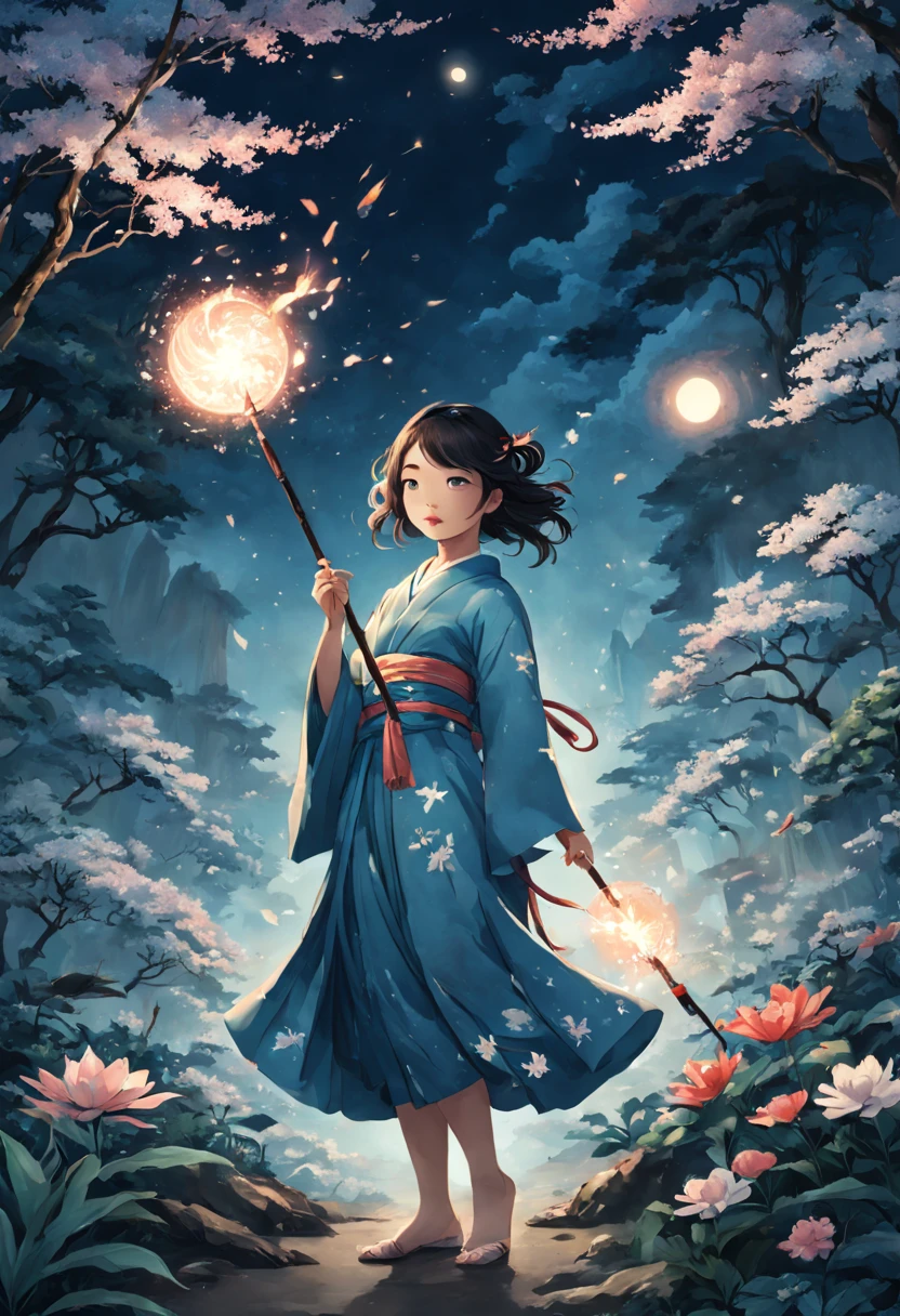 1girl, A young Magical Girl, gracefully casting a spell with her wand, surrounded by enchanting flora and fauna, radiating magical energy. The scene should evoke a sense of wonder and mystery. The style should emulate the intricate brushwork and delicate linework of Katsushika Hokusai, with a focus on capturing the essence of traditional Japanese ukiyo-e art. The medium should be a watercolor painting on canvas, showcasing vibrant colors and fluid brushstrokes. The category is fantasy art, depicting the magical realm. The color palette should consist of pastel hues and ethereal blues, creating a dreamlike atmosphere. The digital graphics should enhance the magical elements, adding subtle glows and sparkles. The resolution should be high, allowing for intricate details to be captured.