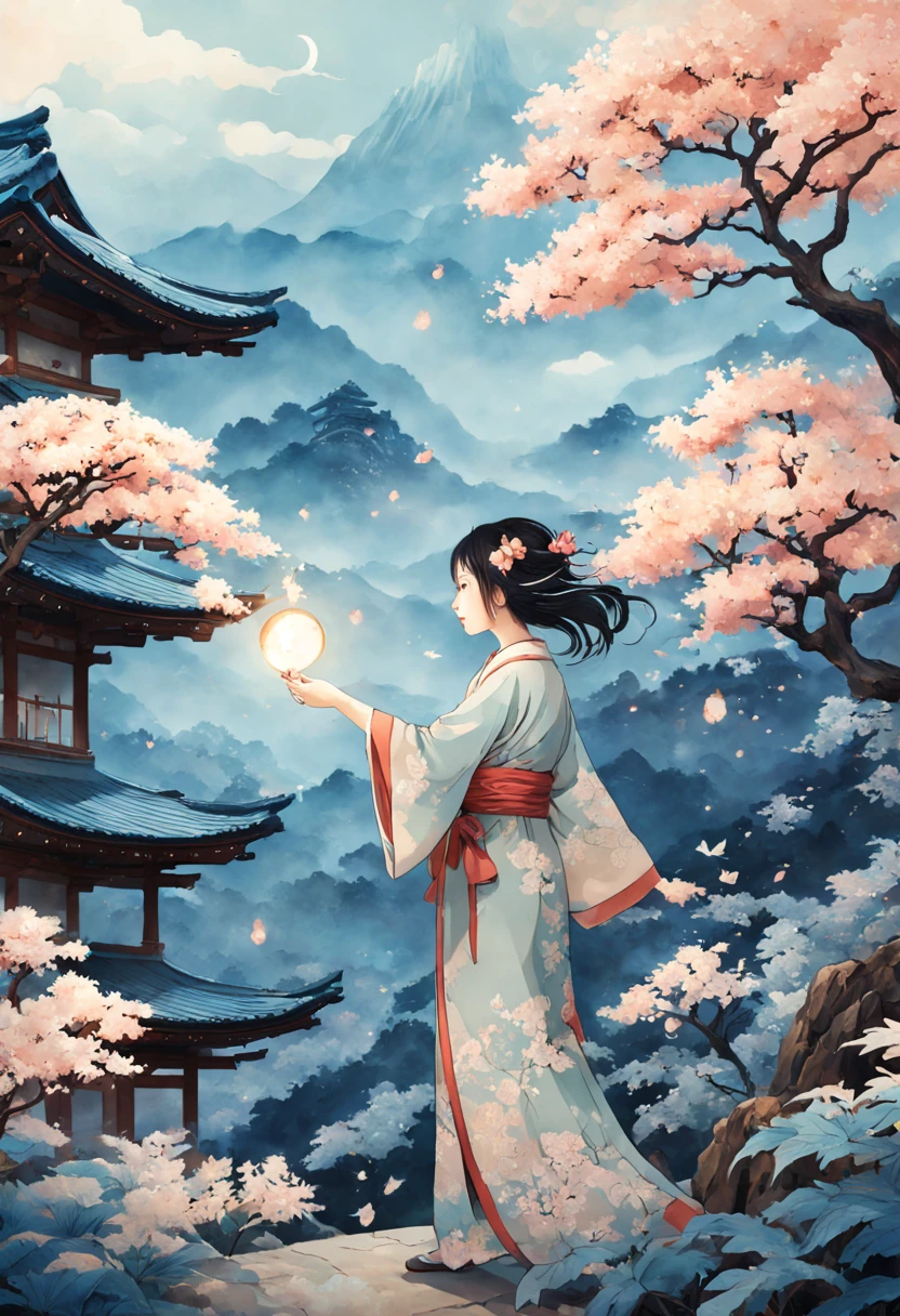 1girl, A young Magical Girl, gracefully casting a spell with her wand, surrounded by enchanting flora and fauna, radiating magical energy. The scene should evoke a sense of wonder and mystery. The style should emulate the intricate brushwork and delicate linework of Katsushika Hokusai, with a focus on capturing the essence of traditional Japanese ukiyo-e art. The medium should be a watercolor painting on canvas, showcasing vibrant colors and fluid brushstrokes. The category is fantasy art, depicting the magical realm. The color palette should consist of pastel hues and ethereal blues, creating a dreamlike atmosphere. The digital graphics should enhance the magical elements, adding subtle glows and sparkles. The resolution should be high, allowing for intricate details to be captured.