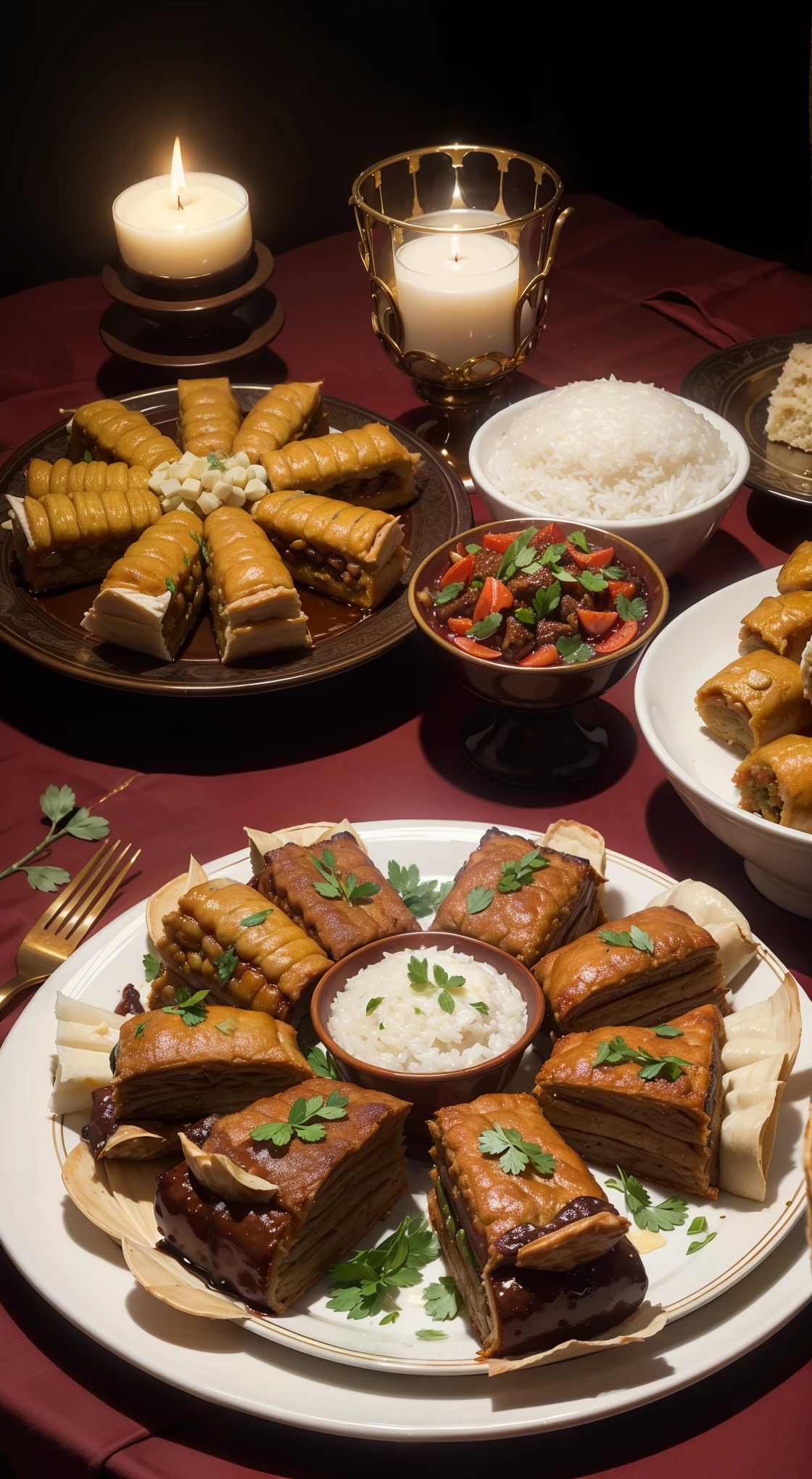Illustrate a lavish spread of delicious Eid delicacies, including succulent lamb or goat dishes, aromatic rice, and an array of delectable sweets like baklava and ma'amoul.