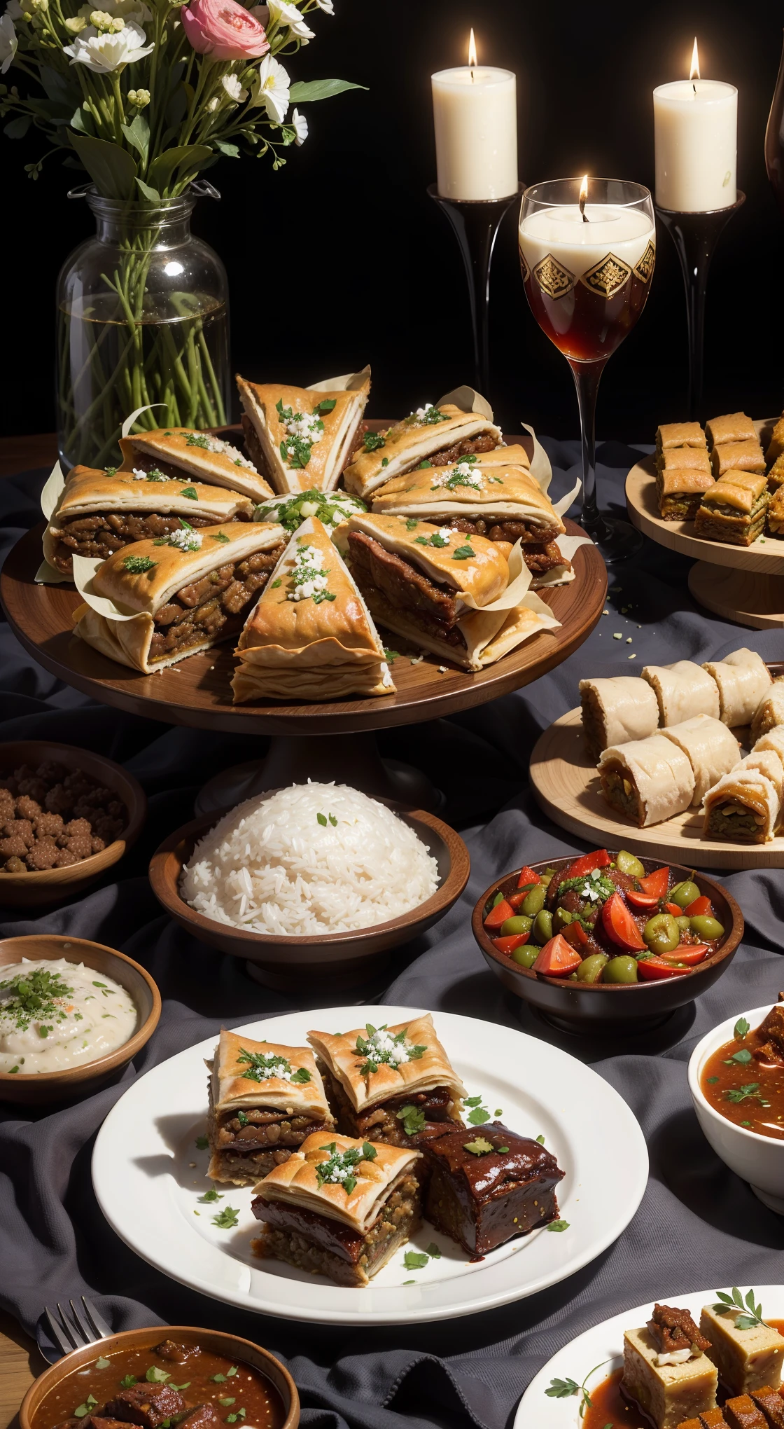 Illustrate a lavish spread of delicious Eid delicacies, including succulent lamb or goat dishes, aromatic rice, and an array of delectable sweets like baklava and ma'amoul.