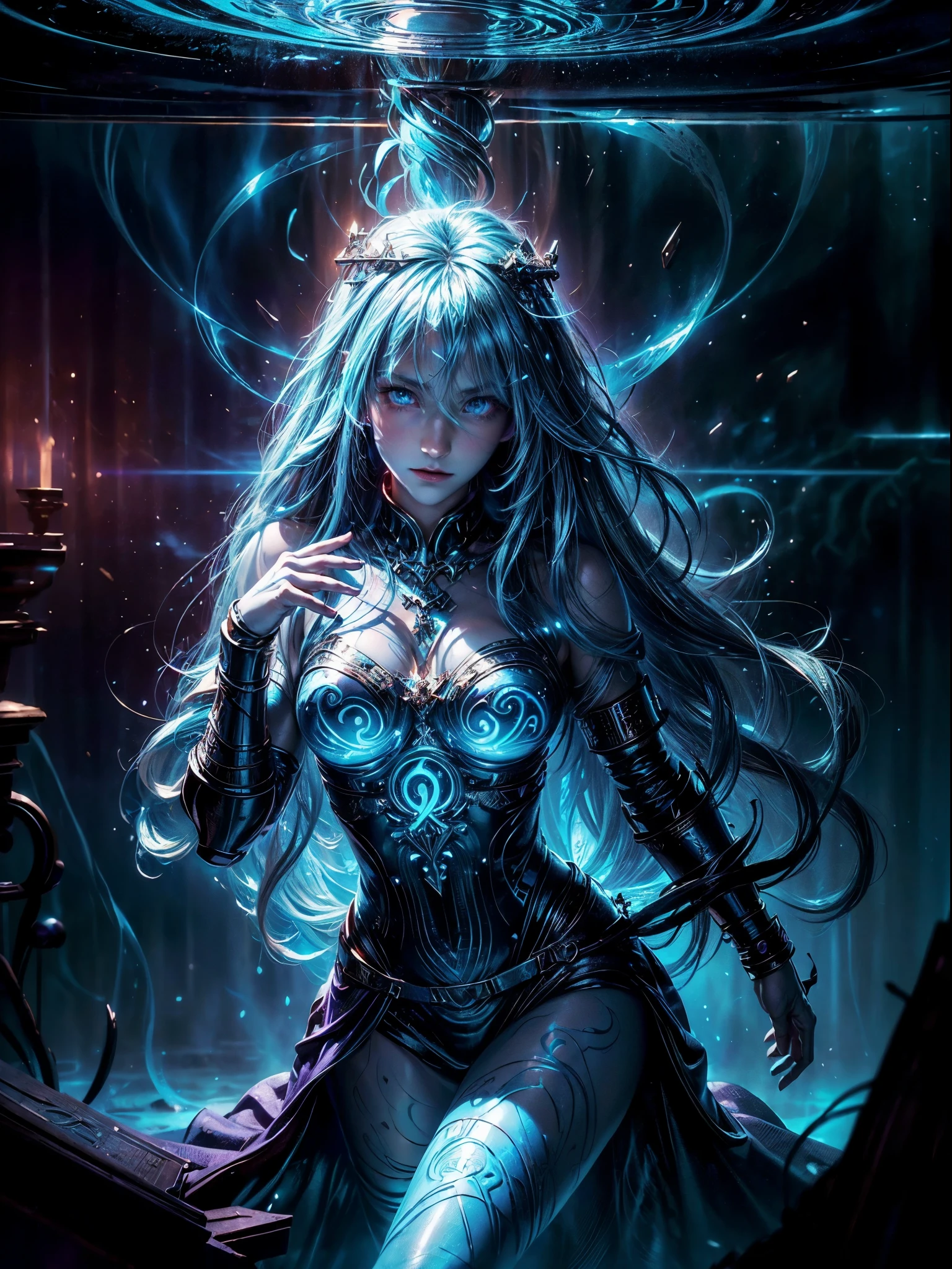 high details, best quality, 8k, [ultra detailed], masterpiece, best quality, (extremely detailed), dynamic angle, ultra wide shot, photorealistic, fantasy art, dnd art, rpg art, realistic art, an ultra wide picture of a female human (1.5 intricate details, Masterpiece, best quality) godess of light (( blue radiant aural)),  ((controlling a swirling blue radiant magic)), manipulating purple radiant magical sigils, human female, blond  hair, long hair with aura, hair with radiant eyes, intense eyes, ((radiant eyes)), ((glowing eyes)), dynamic clothing, fantasy temple background, GlowingRunes_red((divine worship atmosphere)), high details, best quality, highres, ultra wide angle