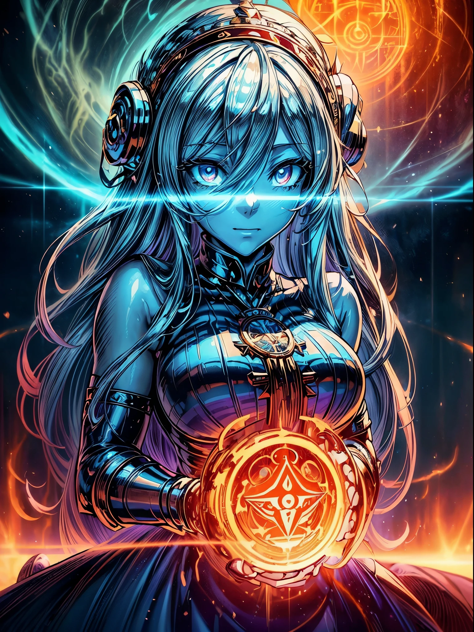 high details, best quality, 8k, [ultra detailed], masterpiece, best quality, (extremely detailed), dynamic angle, ultra wide shot, photorealistic, fantasy art, dnd art, rpg art, realistic art, an ultra wide picture of a female human (1.5 intricate details, Masterpiece, best quality) godess of light (( blue radiant aural)),  ((controlling a swirling blue radiant magic)), manipulating purple radiant magical sigils, human female, blond  hair, long hair with aura, hair with radiant eyes, intense eyes, ((radiant eyes)), ((glowing eyes)), dynamic clothing, fantasy temple background, GlowingRunes_red((divine worship atmosphere)), high details, best quality, highres, ultra wide angle
