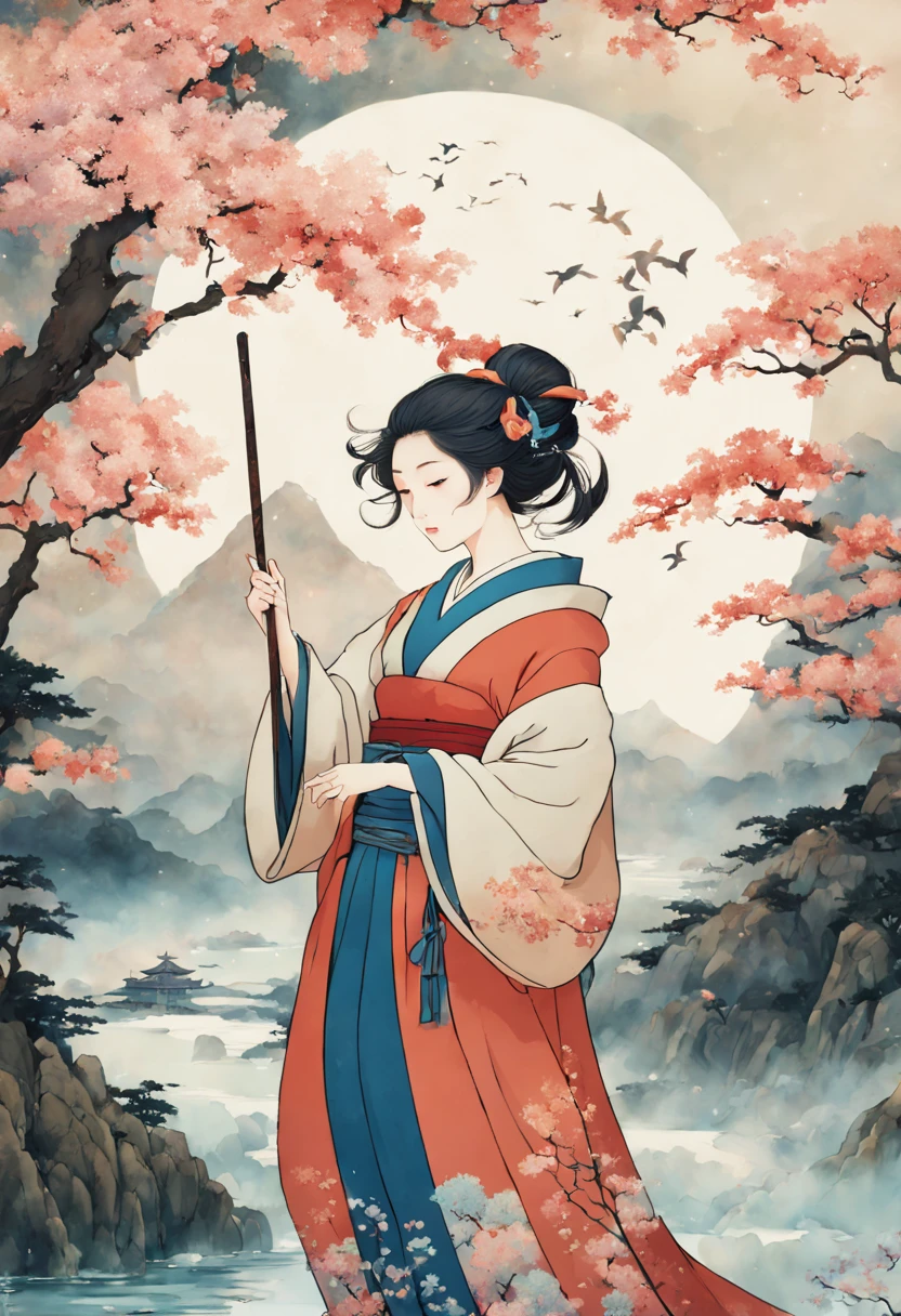 1girl, A young Magical Girl, gracefully casting a spell with her wand, surrounded by enchanting flora and fauna, radiating magical energy. The scene should evoke a sense of wonder and mystery. The style should emulate the intricate brushwork and delicate linework of Katsushika Hokusai, with a focus on capturing the essence of traditional Japanese ukiyo-e art. The medium should be a watercolor painting on canvas, showcasing vibrant colors and fluid brushstrokes. The category is fantasy art, depicting the magical realm. The color palette should consist of pastel hues and ethereal blues, creating a dreamlike atmosphere. The digital graphics should enhance the magical elements, adding subtle glows and sparkles. The resolution should be high, allowing for intricate details to be captured.