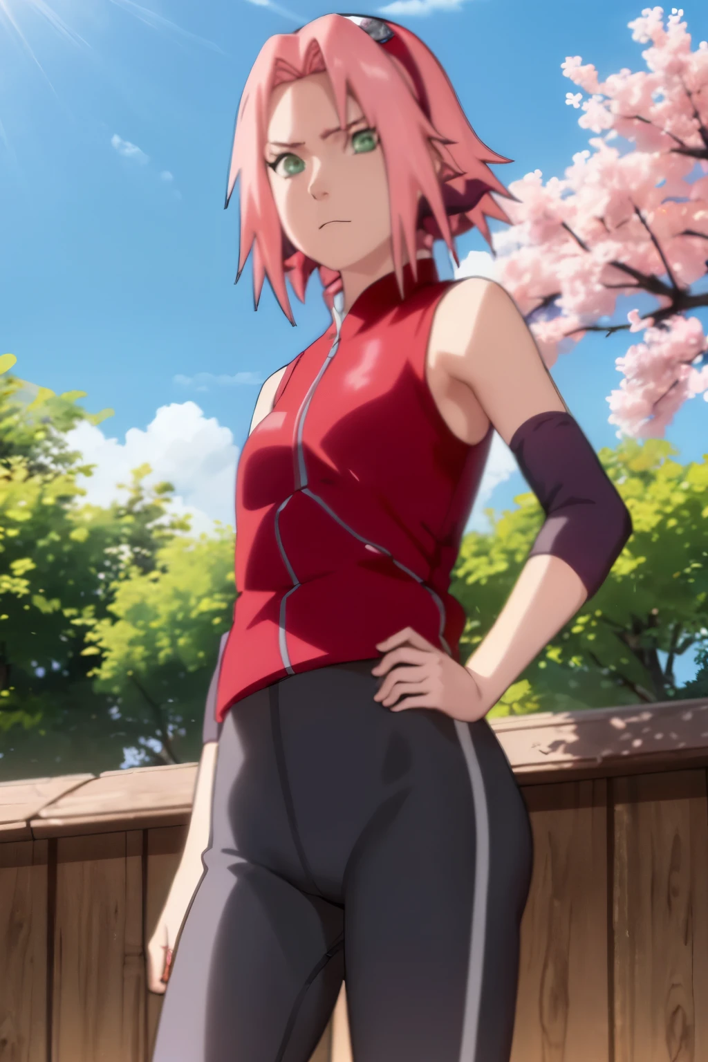 haruno sakura, naruto \(series\), naruto shippuuden, anime art style, masterpiece,
looking at viewer, full body,
Cowboy pose, clenched hands, closed hands, contracted fingers, arm stretched out, raised fist, about to punch, detailed fist, focus ass, from behind
red shirt, black short leggings, shirt, short hair, sleeveless, sleeveless shirt, forehead protector, hairband, konohagakure symbol on hairband,
1girl, solo, bangs,small breasts, small ass, small hips, closed mouth, elbow sleeve, eyes visible through hair, floating hair, foreshortening, green eyes, hair intakes, parted bangs, pink hair, small breasts, v-shaped eyebrows, detailed background, outdoor, cherry blossoms, sky, cloud, wind, day, sunlight,