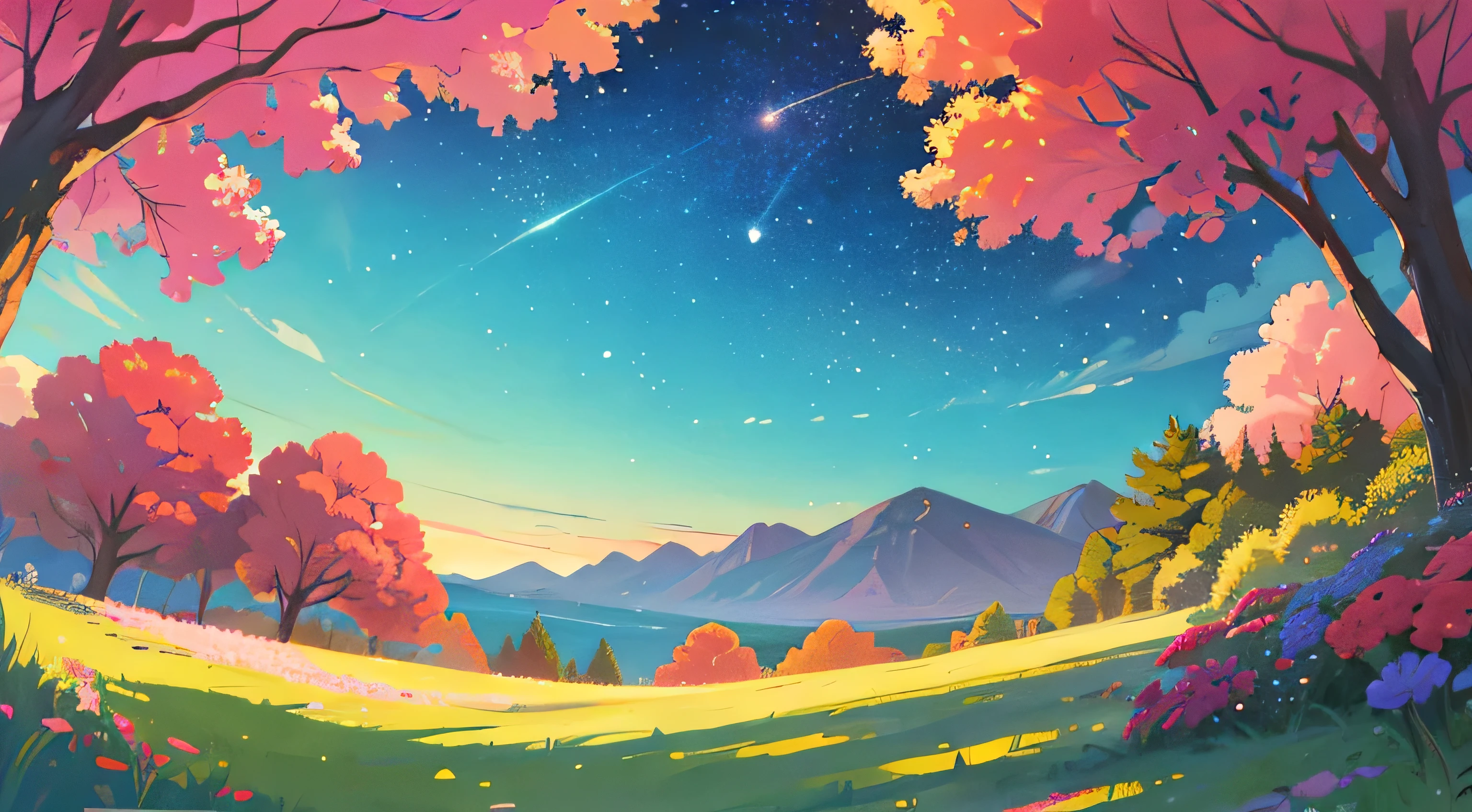 paisagem, terreno proximo, angulo dinamico, View from under a tree, galhos, desenho, fundo de steven universo, cores menos saturadas, bot view