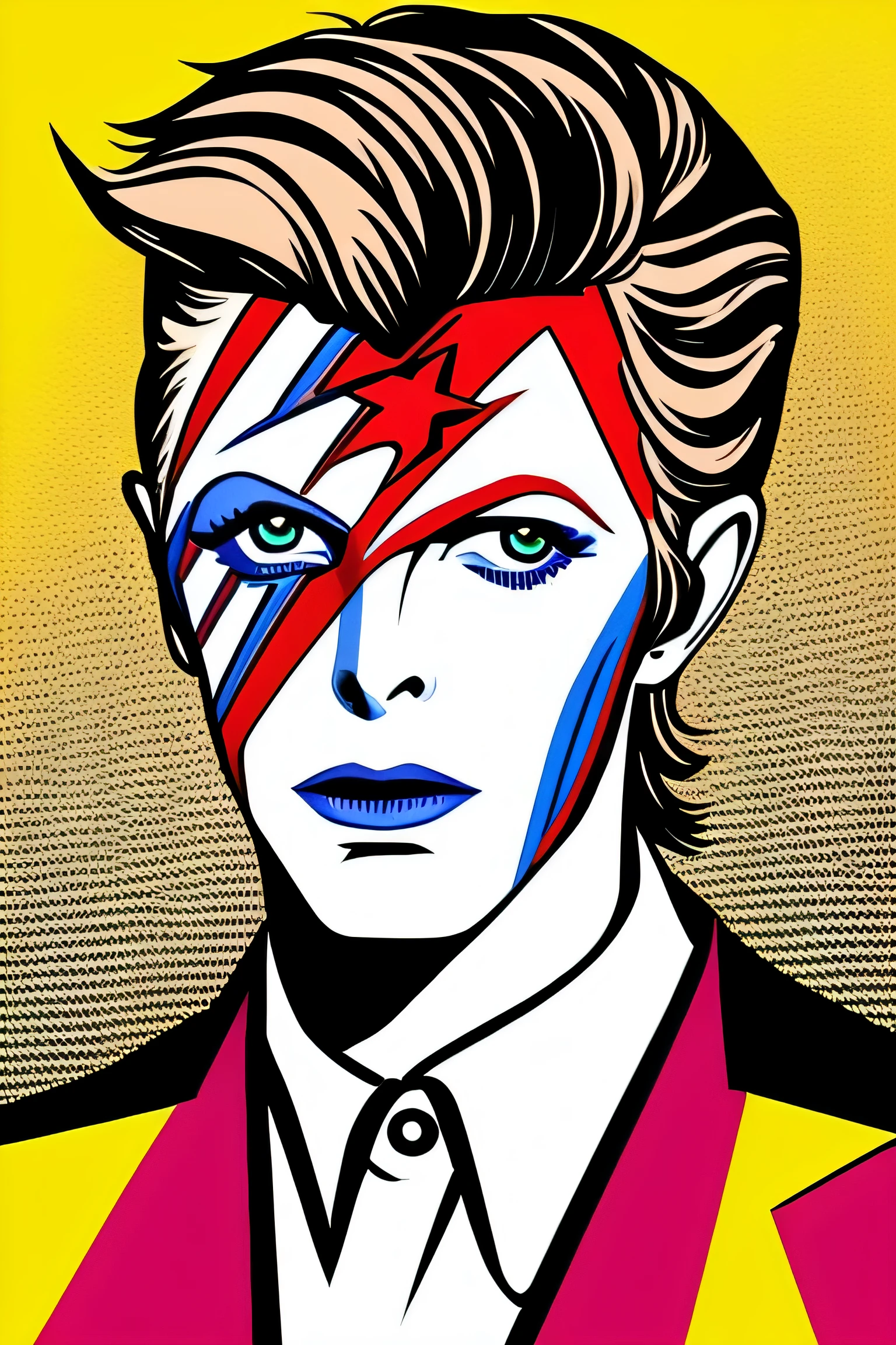(David Bowie like a superHero) (ROY LIECHTENSTEIN) SuperHero, Pintura de David Bowie no estilo ROY LIECHTENSTEIN, arte pop painting, illustration, arte pop, Comics, moire, Hero