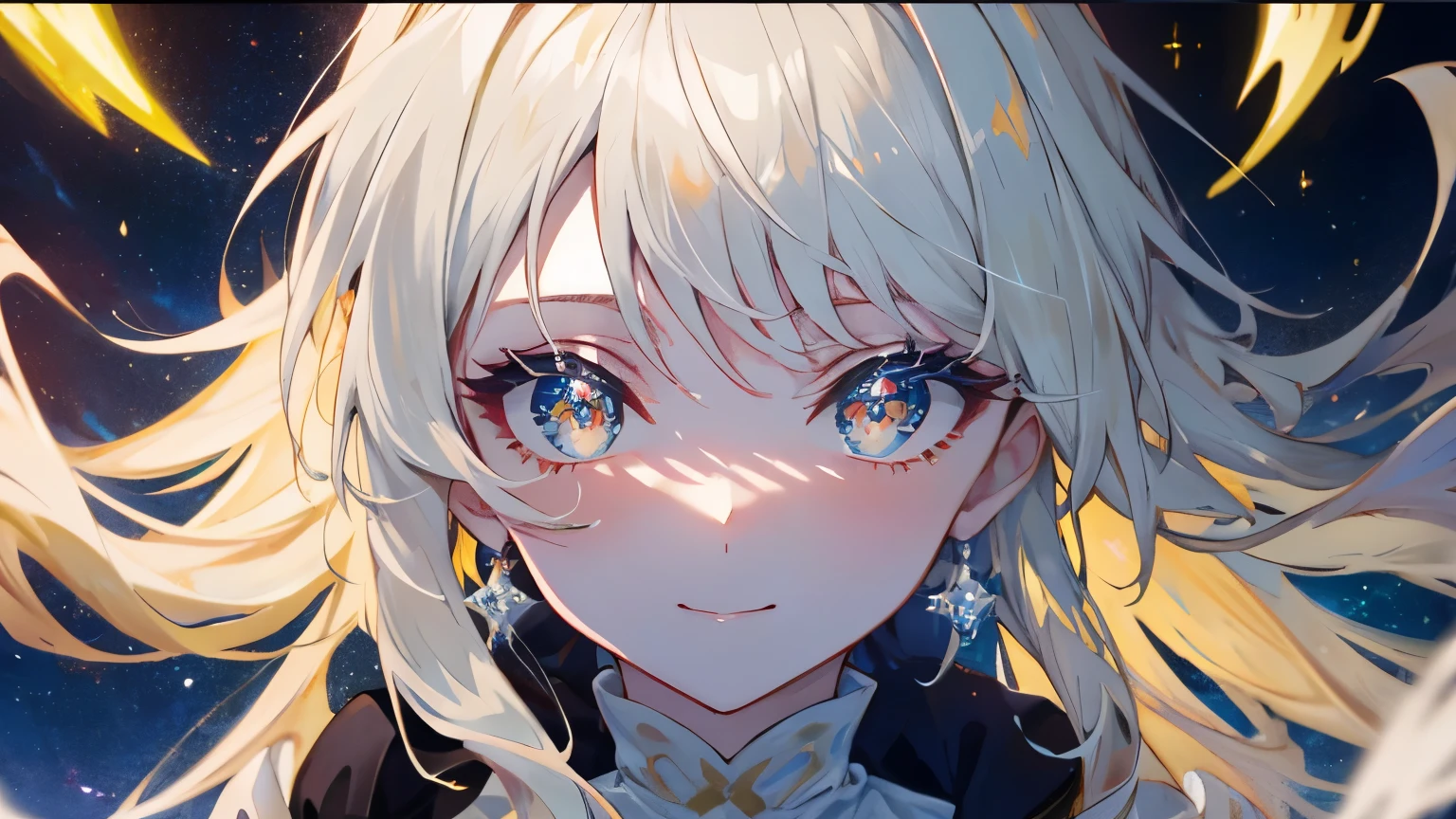 (Mano simple: 0.5) + (mano detallada: 0.7), (obra maestra), (Mejor calidad), pelo blanco, red ojos, 1 chica, pale skin, pelo blanco, red ojos, cabello bicolor, eyelashes, esposas, joyas, Sonrisa, Piel brillante, Cabello brillante, Escenario detallado y majestuoso, fancy, pelo largo, 1 chica, cabello bicolor, cielo nocturno, incredibly detailed CG illustration masterpiece looking at you, animado, beautiful animado ojos, beautiful detailed ojos, ojos, sparkling ojos, Different colored ojos, red ojos, blue ojos, Galaxia, Nebulosa, (Todo el cuerpo), (curva)