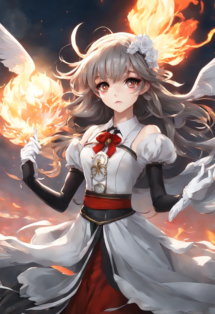 1girl, (((masterpiece))),best quality, illustration,beautiful detailed glow,(beautiful detailed eyes), (dark magician girl:1.1),big forehead,flower,large top sleeves,Floating ashes, Beautiful and detailed explosion, red moon, fire,Fire cloud, Wings on fire, a cloudy sky, smoke of gunpowder, burning, black dress, (beautiful detailed eyes),expressionless,beautiful detailed white gloves, Dove of peace, (floating cloud:1.2),azure hair,disheveled hair,long bangs, hairs between eyes, black knee-highs, black ribbon,white bowties,midriff,{{{half closed eyes}}}, detailed matte painting, deep color, fantastical, intricate detail, splash screen, complementary colors, fantasy concept art, 8k resolution trending on Artstation Unreal Engine 5