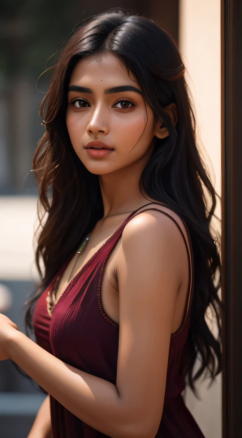 young Indian girl, 27-year-old, maroon top, gentle lighting, intricate facial details, flawless complexion, top-notch 3D rendering, hyper-realistic. photorealistic digital art trending on Artstation 8k HD high definition detailed realistic, detailed, skin texture, hyper detailed, realistic skin texture, armature, best quality, ultra high res, (photorealistic:1.4), high resolution, detailed, raw photo, 400 camera f1.6 lens rich colors hyper realistic lifelike texture dramatic lighting unrealengine trending on artstation cinestill 800