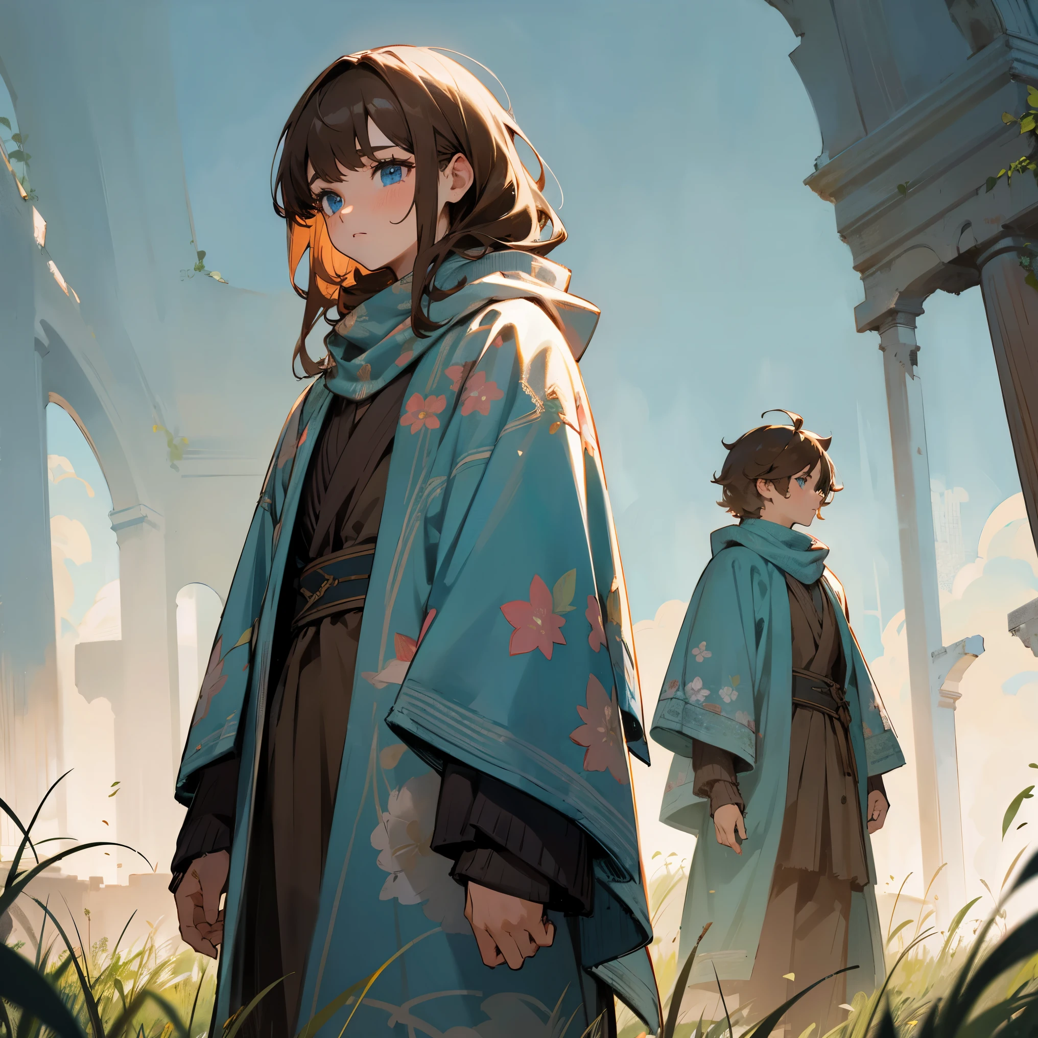 Floral Pattern Cowl , Floral Pattern Poncho , 1female , Brown Hair , Messy Hair , Blue Eyes , Standing in grass , Old Ruins Background , 1male