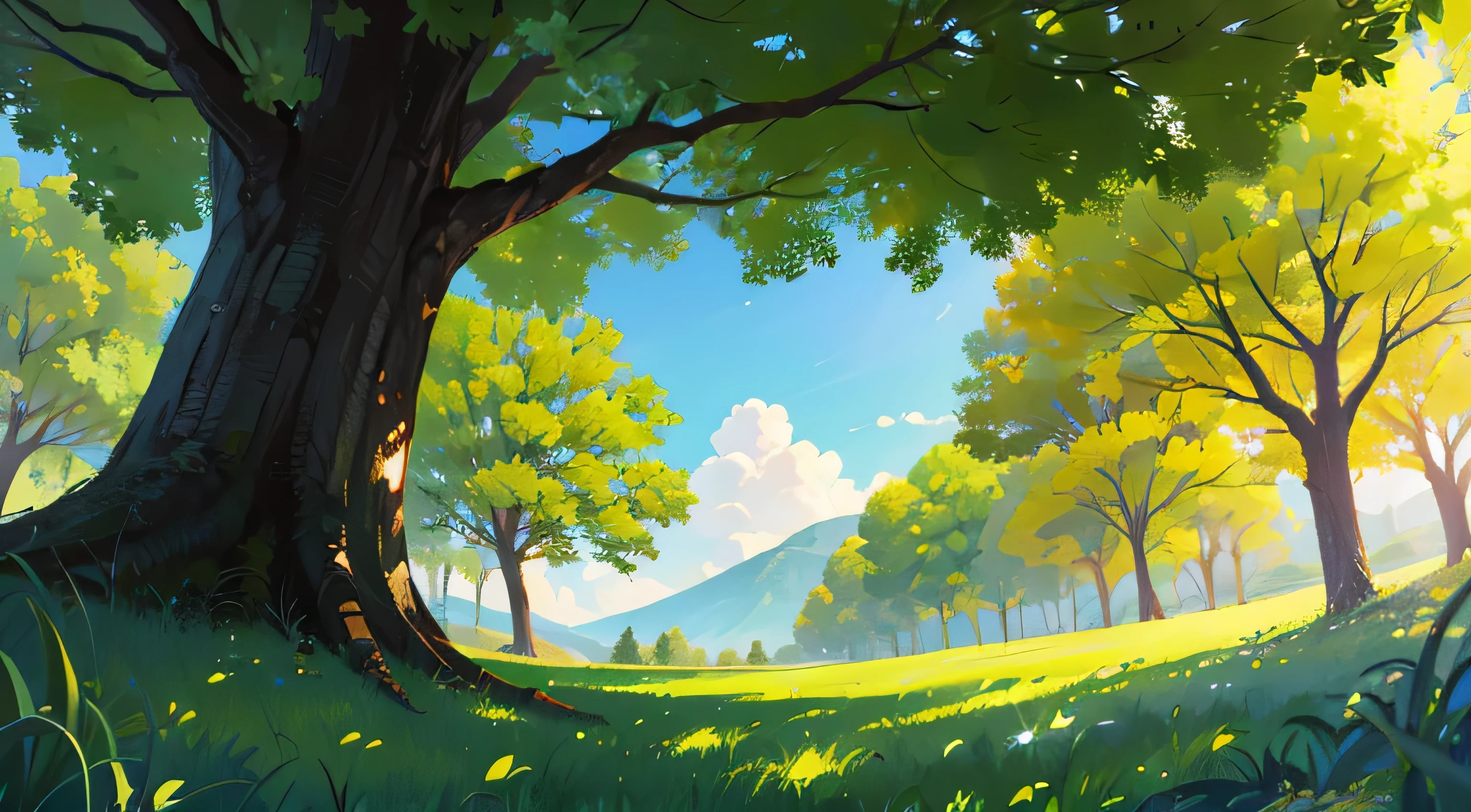 paisagem, terreno proximo, angulo dinamico, View from under a tree, galhos, desenho, tons verdes, cores menos saturadas, bot view