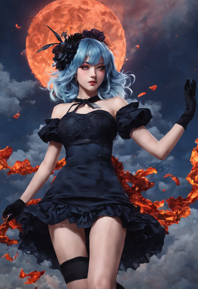 1girl, (((masterpiece))),best quality, illustration,beautiful detailed glow,(beautiful detailed eyes), (dark magician girl:1.1),big forehead,flower,large top sleeves,Floating ashes, Beautiful and detailed explosion, red moon, fire,Fire cloud, Wings on fire, a cloudy sky, smoke of gunpowder, burning, black dress, (beautiful detailed eyes),expressionless,beautiful detailed white gloves, Dove of peace, (floating cloud:1.2),azure hair,disheveled hair,long bangs, hairs between eyes, black knee-highs, black ribbon,white bowties,midriff,{{{half closed eyes}}}, detailed matte painting, deep color, fantastical, intricate detail, splash screen, complementary colors, fantasy concept art, 8k resolution trending on Artstation Unreal Engine 5