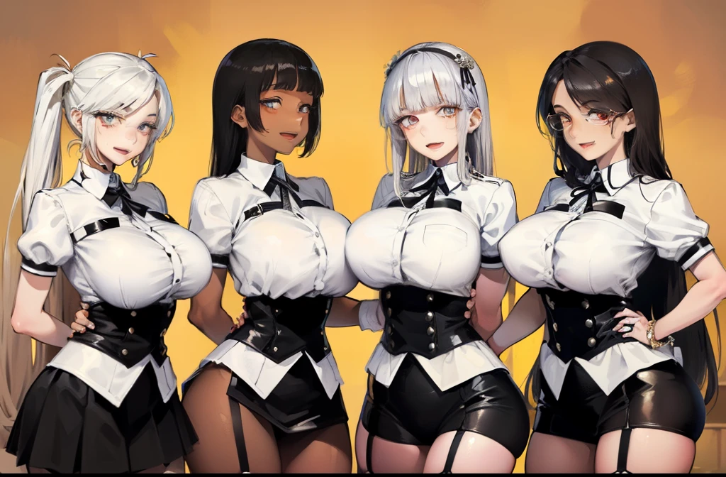 (masterpiece), best quality, (5 girls, group shot:1.4), (Because I'm slender:1.1), (huge :1.5), (black skin:1.1), blonde hair, silver hair, twin tails, amount, (open your mouth, smile:1.1), (wink:1.2), garter belt, cowboy shot,