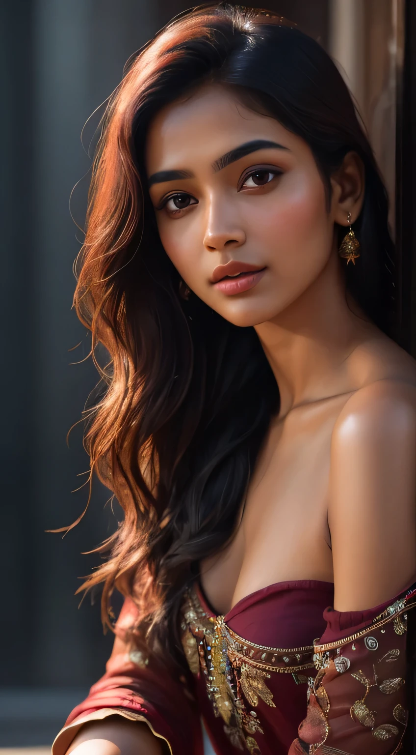 young Indian girl, 27-year-old, maroon top, gentle lighting, intricate facial details, flawless complexion, top-notch 3D rendering, hyper-realistic. photorealistic digital art trending on Artstation 8k HD high definition detailed realistic, detailed, skin texture, hyper detailed, realistic skin texture, armature, best quality, ultra high res, (photorealistic:1.4), high resolution, detailed, raw photo, 400 camera f1.6 lens rich colors hyper realistic lifelike texture dramatic lighting unrealengine trending on artstation cinestill 800