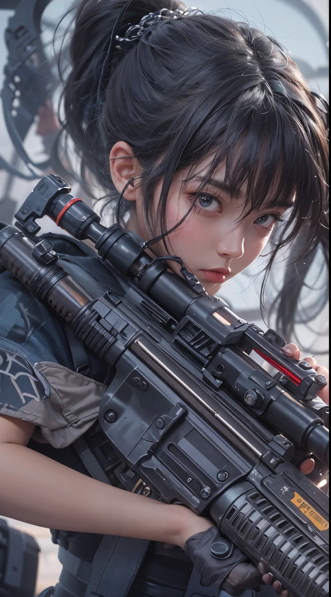 woman, black hair,ponytail, Have a machine gun, Motion blur background, 