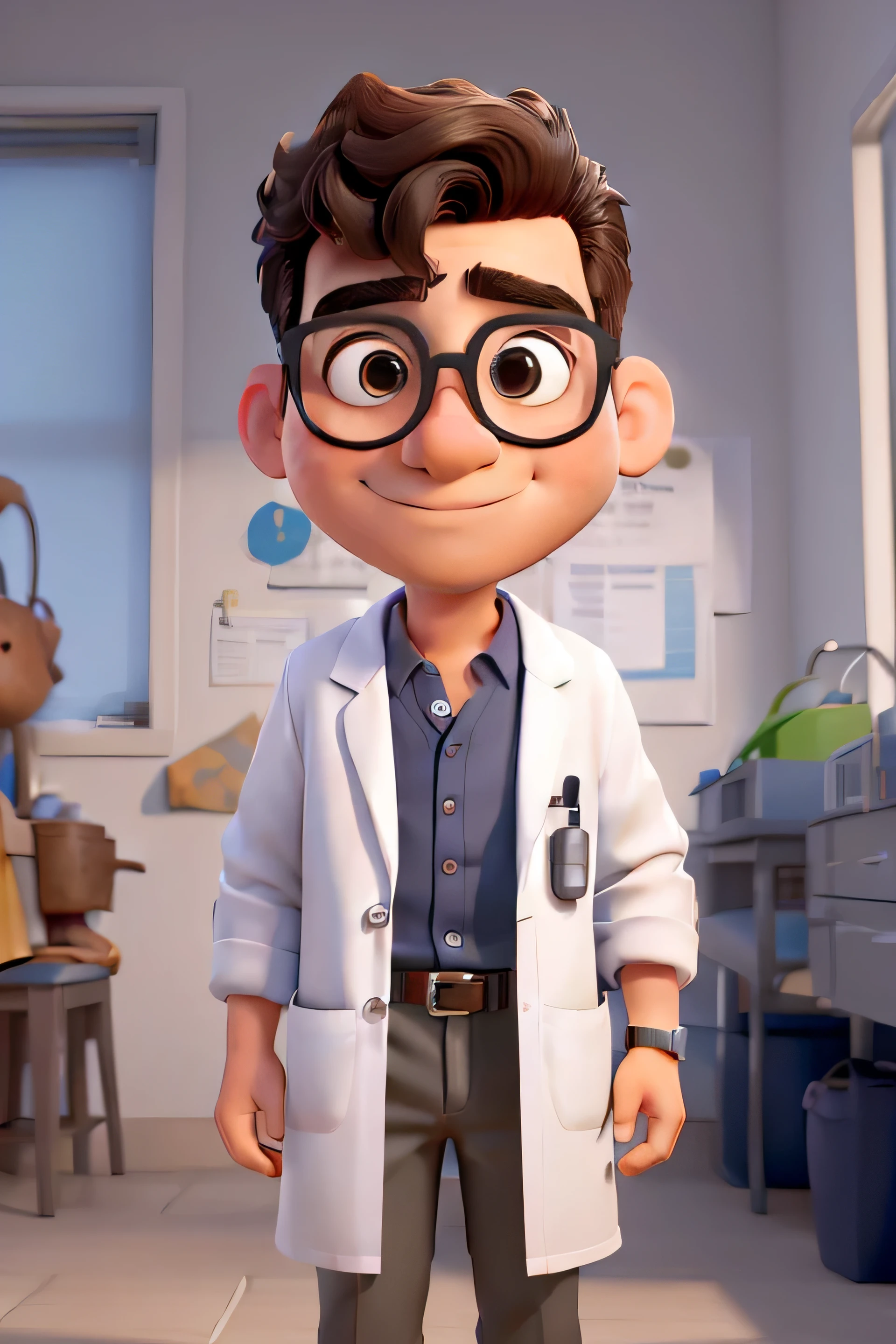 ((melhor qualidade)), ((obra de arte)), (detalhado), estilo disney PIXAR, rosto perfeito, Boy with glasses, Cabelo preto, wearing doctor's lab coat, stethoscope over white coat, feliz, corpo todo, fundo desfocado e claro, de dia
