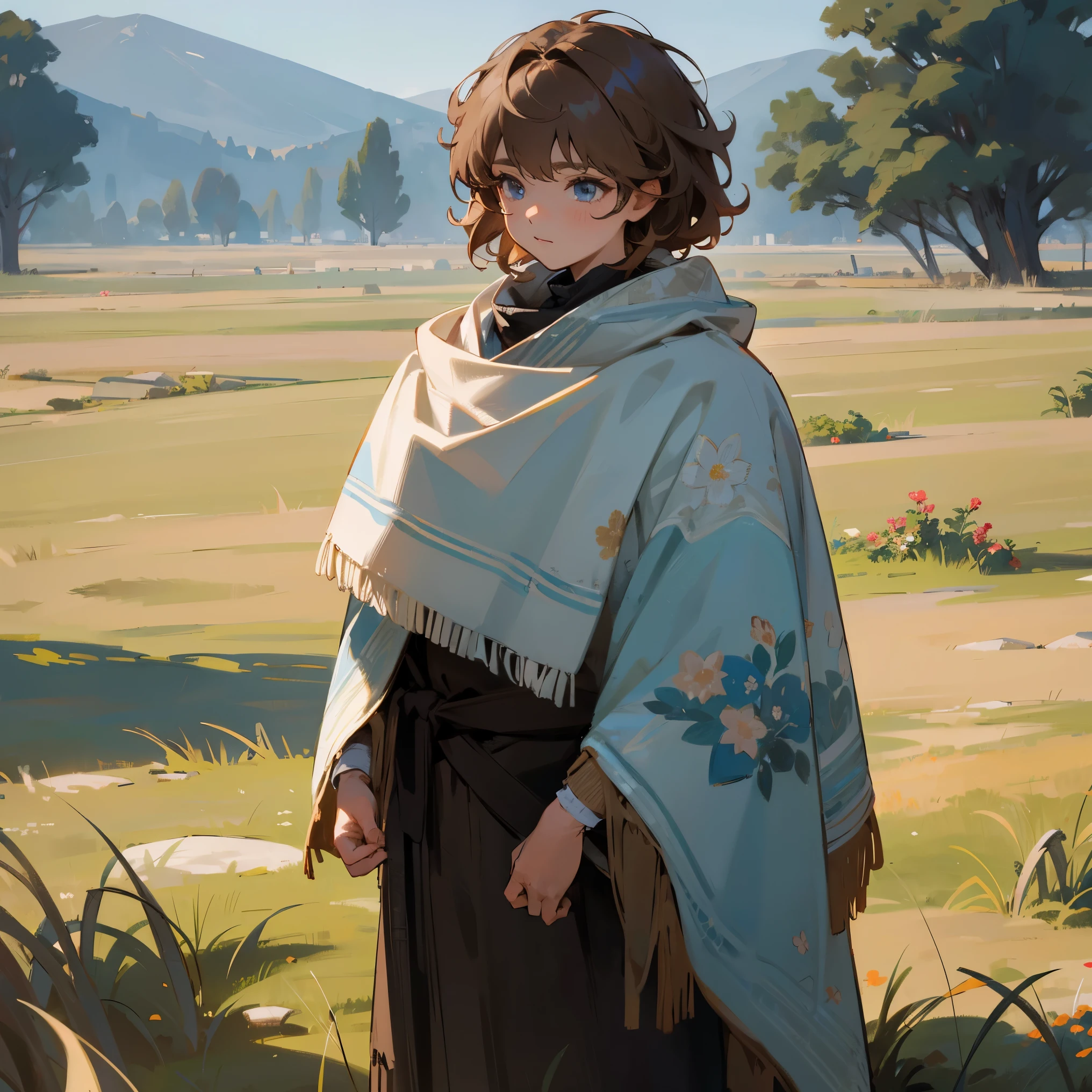 Floral Pattern Cowl , Floral Pattern Poncho , 1female , Brown Hair , Messy Hair , Blue Eyes , Standing in grass , Old Ruins Background , 1male , Adult