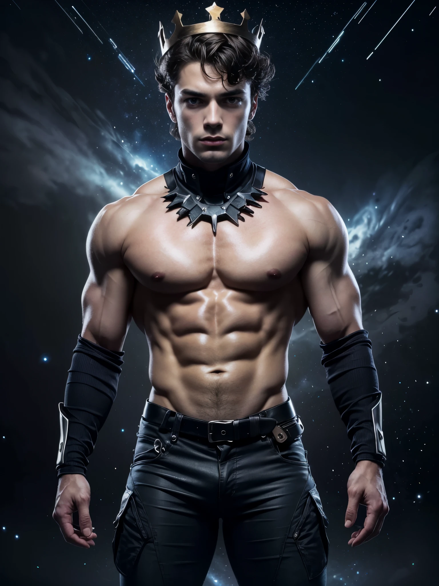 Photorealistic, twins, ((best quality)), ((masterpiece)), (detailed),masculine portrait of youngt futuristic prince, 18-year-old male models, handsome, tall, cute looking, evil look, dark look, powerful, young male, handsome model, clean shave, silver eyes. (short curly messy brown hair:1.2), messy curly hair, super strong, muscular, fit, massive muscles, six pack, shirtless, barechested, muscle, ripped, strong body, fit body, (dark evil masculine crown:1.4), futuristic tight pants, (futuristic tight pants), out space, galaxies, stars and planets in the background, (Dark background:1.6) constellations, galaxies, 8k, high detailed, ultra-detailed, Stylish Pose, real skin texture, dark cinematic lighting, outerspace, constellation, galaxies, stars in the background