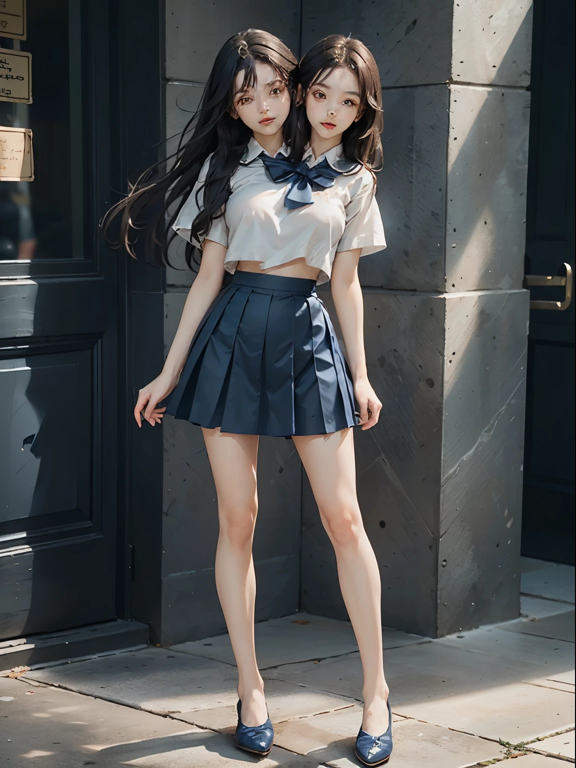 (extremely detailed CG:1.2), (masterpiece:1.2), (best quality:1.2),,((absurdres)),looking at viewer,full body, ,(1girl),solo,(long hair),(mathayom uniform),(white shirt short sleeves),(navy_blue pleated skirt),(long skirt),dynamic angle,standing,dynamic pose,((Delicate facial features)),, (two heads)
