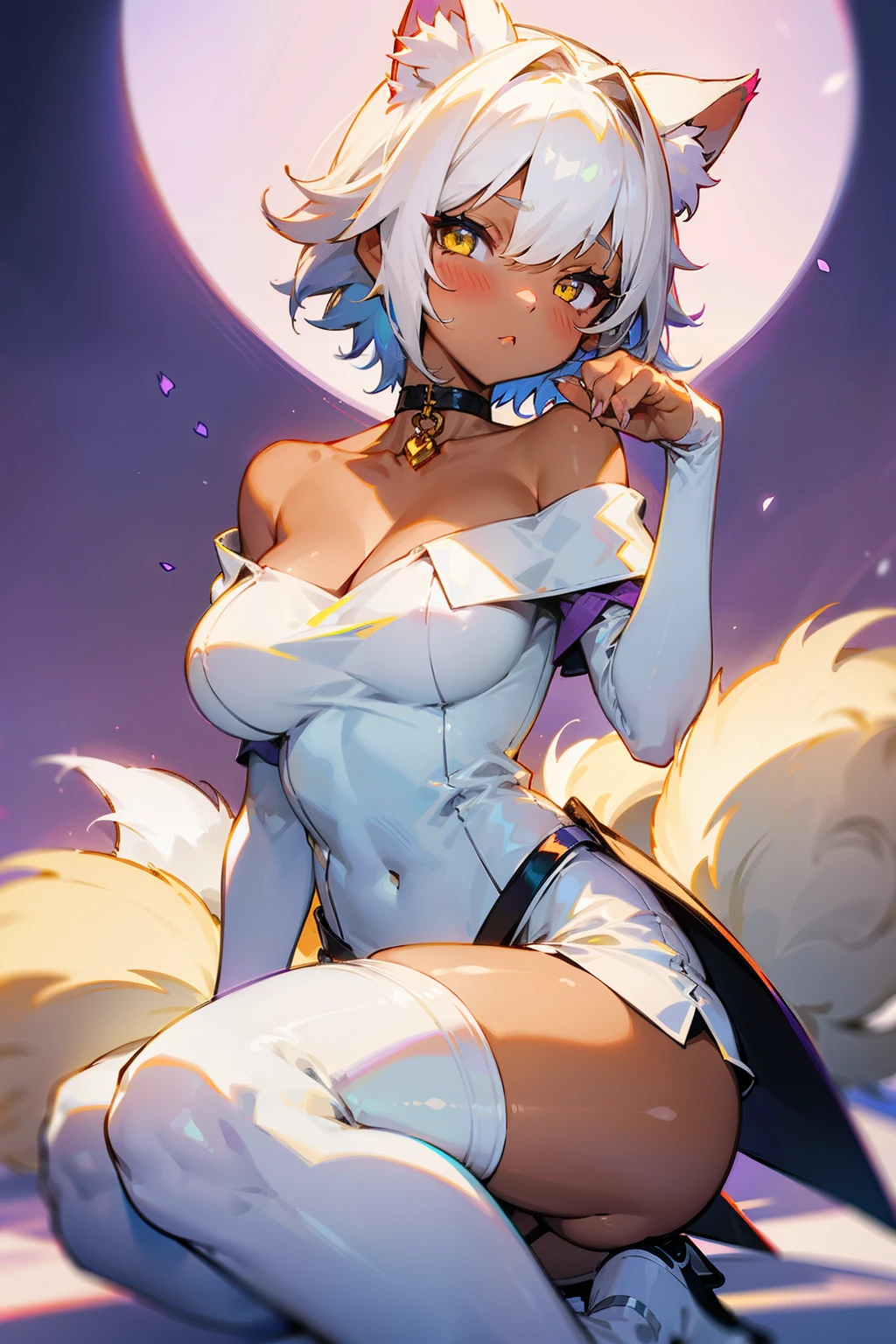 1girl, tanned skin, short white hair, yellow eyes, white cat tail, choker, off-shoulder dress, white dress, large breasts, purple thigh-highs, blush, on knees, paw pose