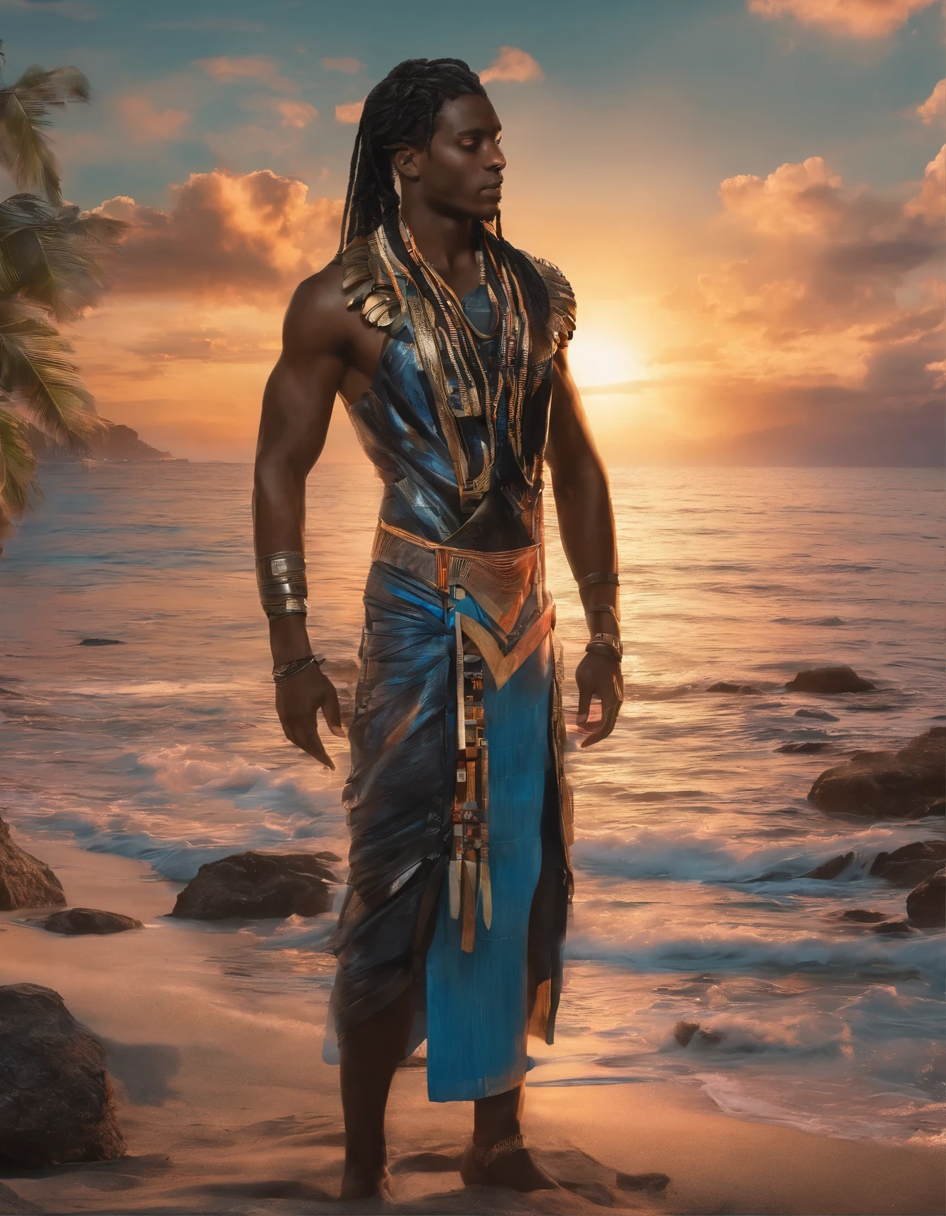 1man, 5'11", dark-skinned, athletic with slight toned musculature, ((Haitian Taino man, naturally textured freeform braided hair)), wearing tight luxurious black tank top, wearing flowing cerulean hakama with detailed sash with metallic detailing and kunai on waistband, dark-wood geta, holding crystal dagger, looking at sunset horizon on the shores of Jacmel Haiti, full body in frame