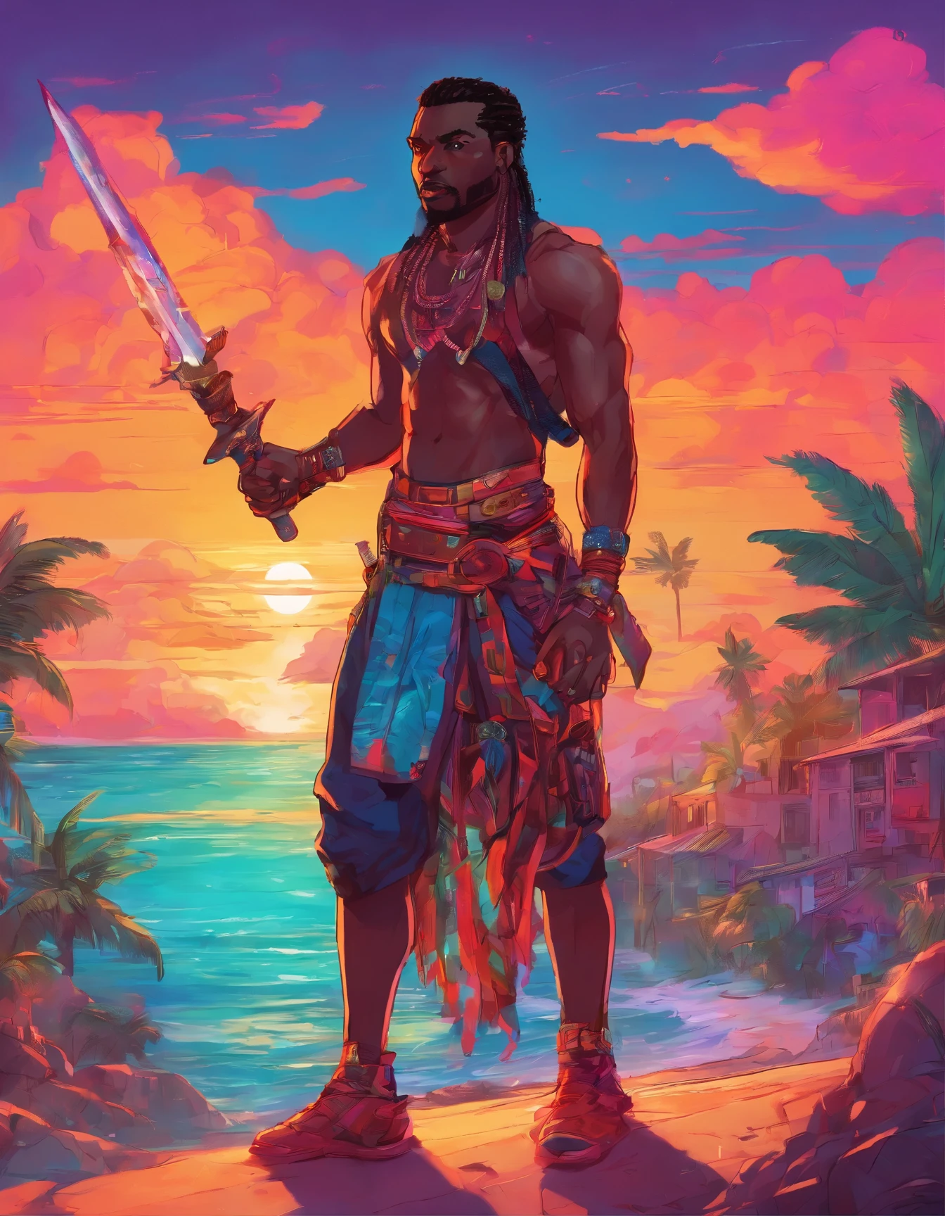 1man, 5'11", dark-skinned, athletic with slight toned musculature, ((Haitian Taino man, naturally textured freeform braided hair)), wearing tight luxurious black tank top, wearing flowing cerulean hakama with detailed sash with metallic detailing and kunai on waistband, dark-wood geta, holding crystal dagger, looking at sunset horizon on the shores of Jacmel Haiti, full body in frame