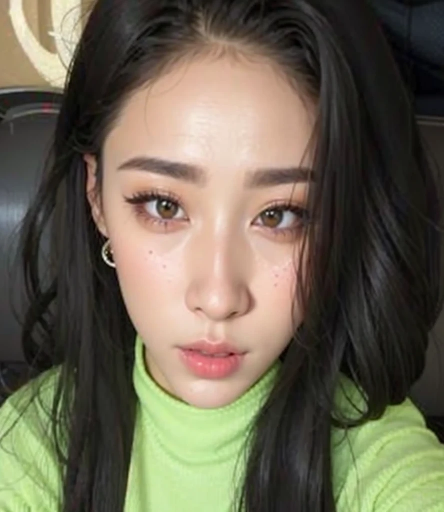 um close up de uma mulher com longos cabelos pretos vestindo uma camisa verde, her face looks like an orchid, adorable and pale korean face, Ulzzang, tom verde claro rosto lindo, aesthetics!!!!!! female genius, Korean facial features, jaeyeon nam, Jinyoung Shin, korean symmetrical face, cruel korean goth girl, Heonhwa Choe, sobrancelhas finas