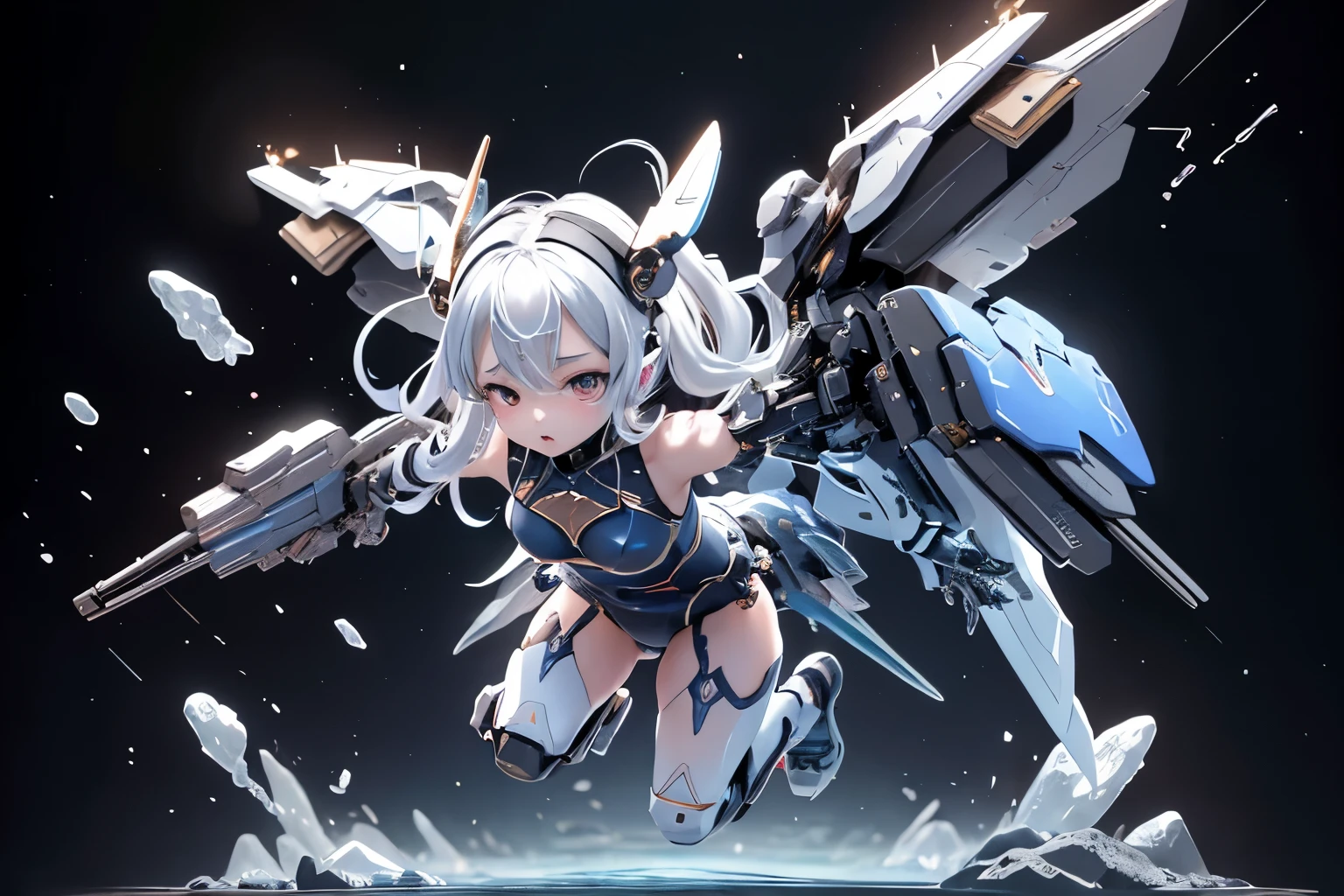 (highest quality)), ((masterpiece)), (very detailed: 1.3), 3D, {(japanese young girl)}, ((wears a futuristic Gundam mecha)),(Gundam), with headgear, with v-fins, ((unarmored cleavage)), ((unarmored stomach)), ((unarmored upper arms)), ((unarmored face)), (unarmored hands), (unarmored waist), ((unarmored thighs)), (unarmored ankles), japanese girl wear light blue and white striped pantie under armor, multilayer textureperfect proportions, octane rendering, duotone lighting, Low ISO, wide aperture, White balance, Rule of thirds, ultra HD16k, HDR (High Dynamic Range), Ray Tracing, NVIDIA RTX, Super Resolution, Subsurface Scattering, PBR Texturing, Post Processing, Anisotropic Filtering, Depth of Field, Maximum Clarity and Clarity, High efficiency subpixel, subpixel convolution, particles of light, light scattered, Tyndall effect, full body:1.5, battle pose, cute, (cute:1.2), (bob cut:1.3),三つ編み, 黒髪, 太い眉毛, 薄い色の虹彩, 大きくて輝いている黒い瞳, 長いまつげ, 小さく薄い色の自然な唇, (Average face of Japanese idols), (日本人特有の童顔:1.3), (baby face), 広いおでこ:1.2, ふっくらした頬, 小さな顎, visible side boob, (mechanical wings), (巨大な武器を持っている:1.2), 特大の盾を持っている, (cyber punk city),looking at viewer,Focus on the eyes,