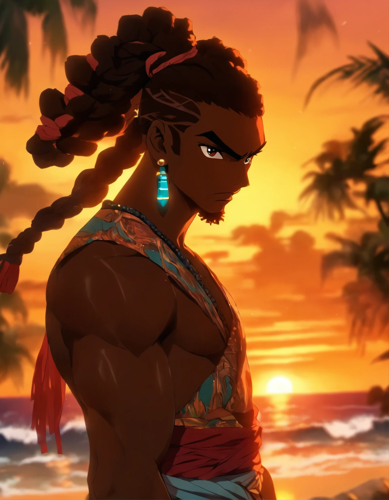 Personagem negro com dreads, forte com postura e calma, masculino, on a beach with lots of people in the background