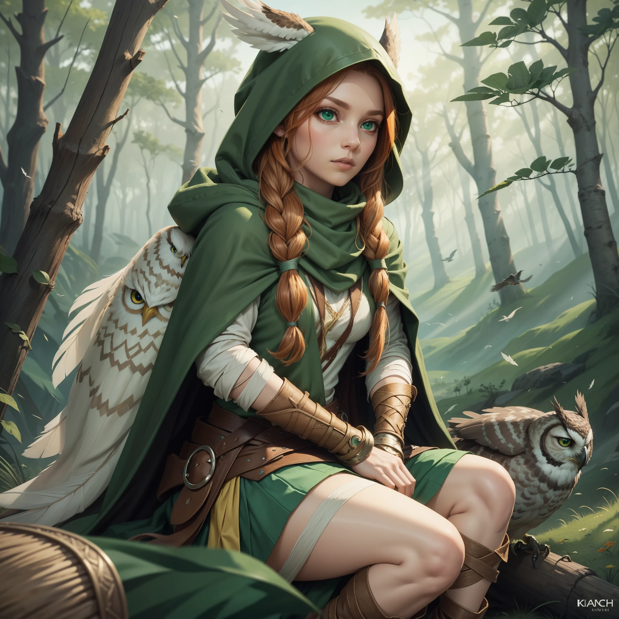 Charakter-Bogengras, Himmel, Feld, League of Legends, 1girl, Elf, Druide, Tierohren, Bandage legs, Lange Beine, langbogen, Pfeil und Bogen, Archer, Kitchen at the back, Bandage, Bandage, Legs of birds, hohe Schuhe, vogelschädel, Kap, den Mund halten, Ohren von Kopfschmuck, Augen durch Haare sichtbar, Gesichtszeichnungen, Gefieder, Haube, Haubeed Kap, lange Haare, Brown-green eyes, Ingwer, Rote Haare, colored hair, armor, blue Schal, Schal, Schal, Schal lange Haare, Haubeed Schal, green clothes, Green skirt, langer Rock, leather armor, Nasenring, Nostrils, Rucksack, big owl in the background, Eule als Begleiter