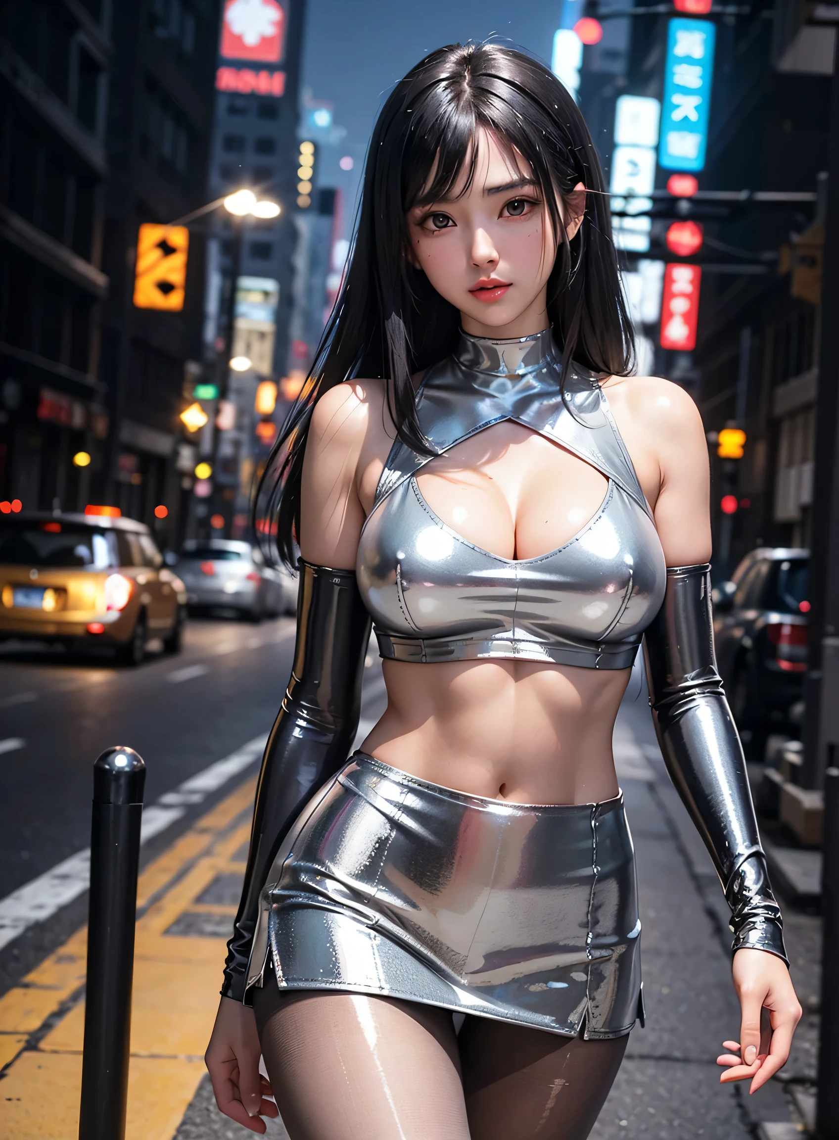 sfw, Angelic Very beautiful cute girl, Long straight black hair, see-through bangs, Sharp Focus, beautiful detailed face, (Soft Saturation: 1.3), (Fair skin: 1.2),BREAK (Super Gloss Metallic Silver Body Con Mini Skirt :1.3), Big breasts, Super Shiny Metallic Gold Transparent Fashionable Body Contight Fit Tops,(Super shiny pantyhose:1.4),Cowboy Shot, Walking, Costume lighting, In the city, black hair, wearing bra,((skinny waist)), young asian girl, ((big breasted)),