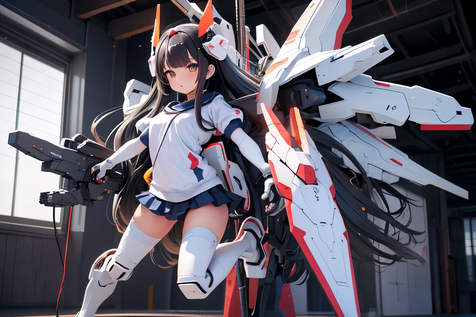 (highest quality)), ((masterpiece)), (very detailed: 1.3), 3D, {(1 young girl)}, (wear navy buruma and white gym uniform with colored hem under armor:1.3), (black hair:1.5), wears a futuristic Gundam mecha,(heavy armored Gundam), with headgear, with v-fin , armored shoulders,armored under arms, armored under legs, short sleeve, attached 2 huge weapons on back, legs mounted missile pod, shoulders mounted missile pod, multilayer textureperfect proportions, octane rendering, duotone lighting, Low ISO, wide aperture, White balance, Rule of thirds, ultra HD16k, HDR (High Dynamic Range), Ray Tracing, NVIDIA RTX, Super Resolution, Subsurface Scattering, PBR Texturing, Post Processing, Anisotropic Filtering, Depth of Field, Maximum Clarity and Clarity, High efficiency subpixel, subpixel convolution, particles of light, light scattered, Tyndall effect, full body:1.5, battle pose, cute, (cute:1.2), (long hair:1.3),太い眉毛, 薄い色の虹彩, 大きくて輝いている黒い瞳, 長いまつげ, 小さく薄い色の自然な唇, (Average face of Japanese idols), (日本人特有の童顔:1.3), (baby face), 広いおでこ:1.2, ふっくらした頬, 小さな顎, (荒廃した都市), looking at viewer,Focus on the eyes