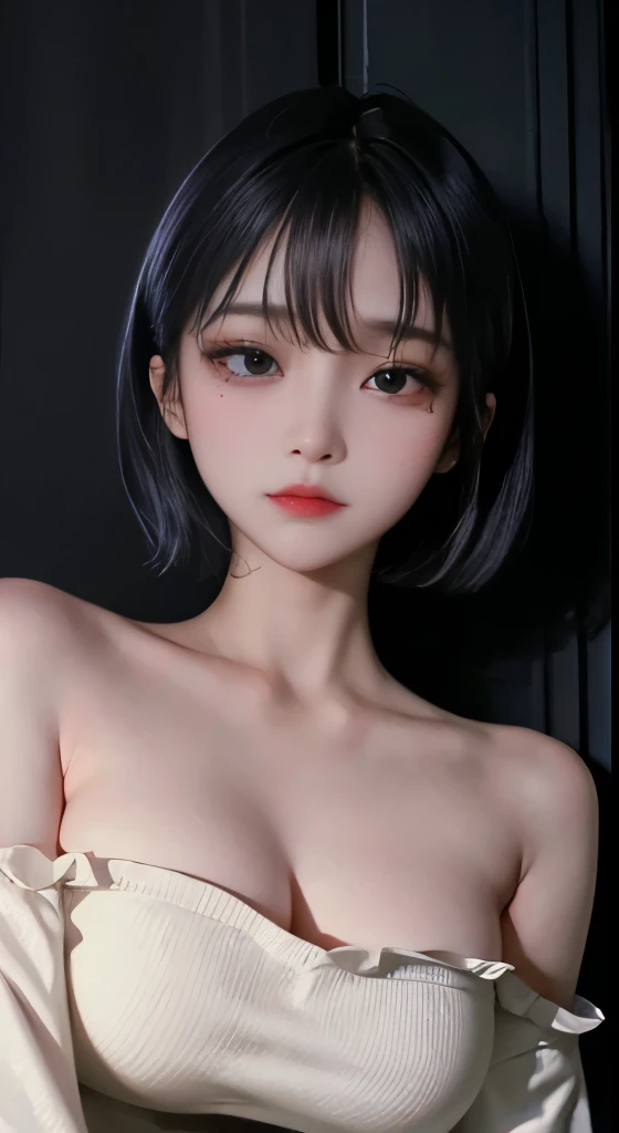 One Girl,alone, Upper Body,Show Viewer, White Background, Bobcut, short hair, Multicolored Hair, Compensate , Lips parted, Black Lips, eyeliner, Gothic, Goth Girl,(((Completely naked))),(((nsfw))),((Small breasts))