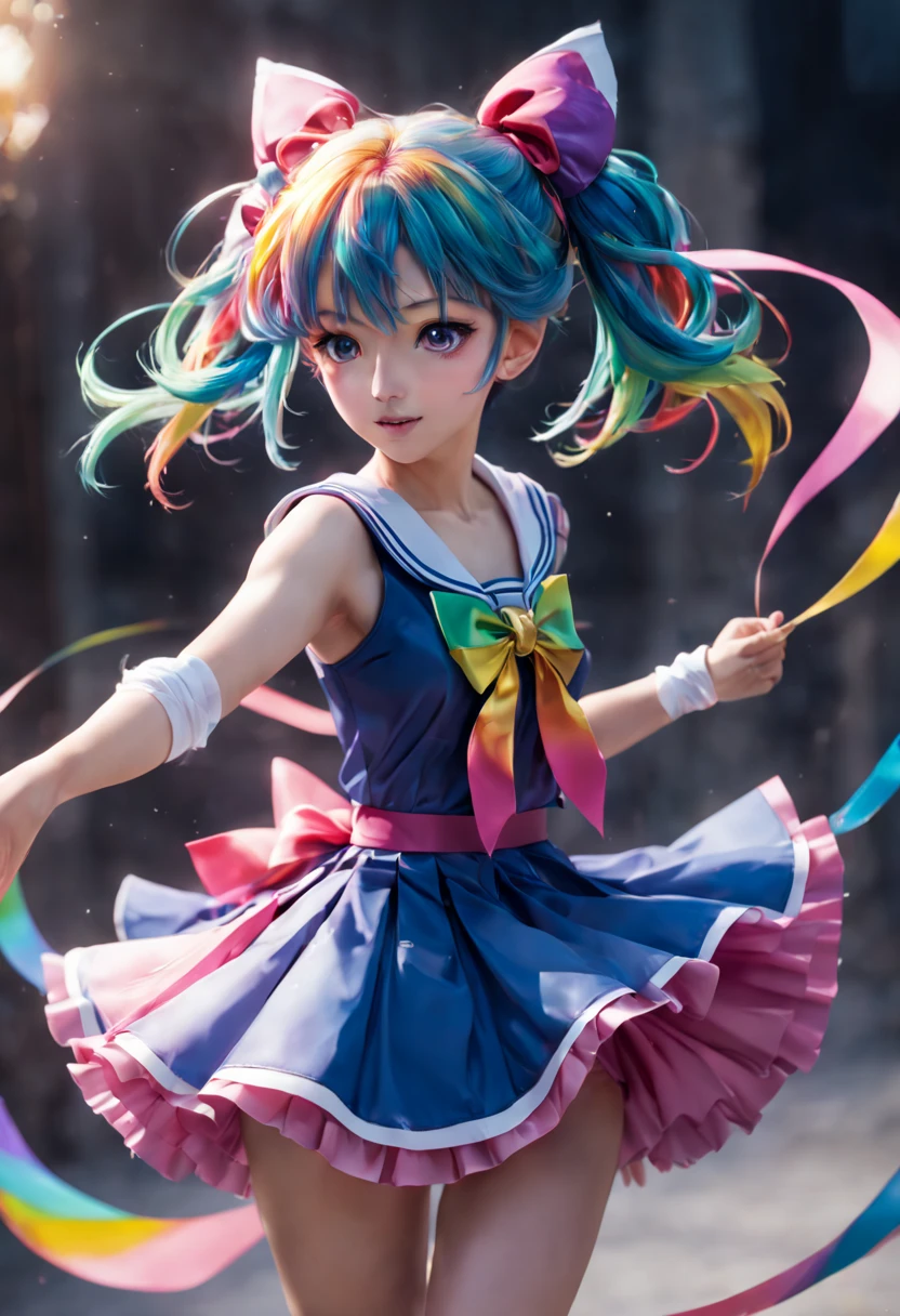 1girl, 📷 Capture the essence of a Magical Girl (Mahou Shoujo), medium: hyper-realistic photography, style: capturing the vibrant energy similar to that of Sailor Moon, lighting: high-key with a focus on bright, clean light to enhance her youthful energy, colors: a spectrum of rainbow hues with a dominance of sailor blue, composition: shot with a Sony Alpha 1, FE 135mm f/1.8 GM lens, resolution 50.1 megapixels, ISO 200, f/2.2 aperture, shutter speed 1/320 second. Position the Magical Girl in an action pose, mid-twirl, her ribbon-like accessories flowing dynamically around her.