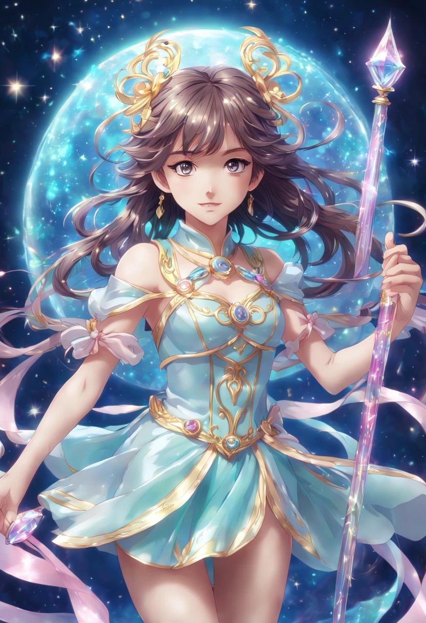 1girl, An enchanting Magical Girl with shimmering eyes and a radiant aura, dressed in an ornate, pastel-colored costume adorned with ribbons and sparkles, wielding a crystal staff, surrounded by swirling magical energy, in a dynamic pose, with a mystical and ethereal background, high-resolution, digital art, anime style, vibrant colors, with a touch of art by CLAMP and Studio Ghibli charm, detailed magic effects, 4K HD.