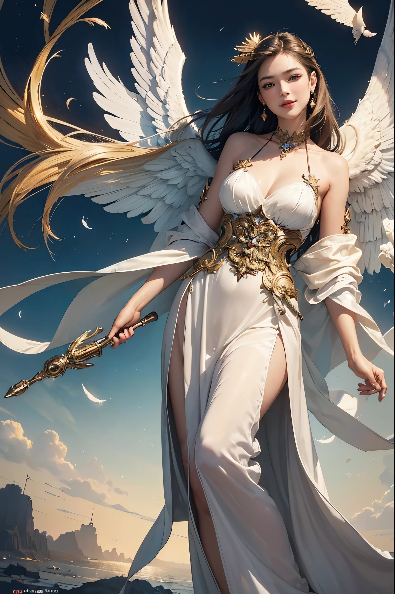 ((Finest quality)),(超A high resolution),(ultra-detailliert),(Meticulous portrayal),((best pictures)),(Finest works of art),Ultra-Precision Art,The art of astounding depiction, (1 Female Angel:1.5),a smile,Flapping,Fluttering feathers
