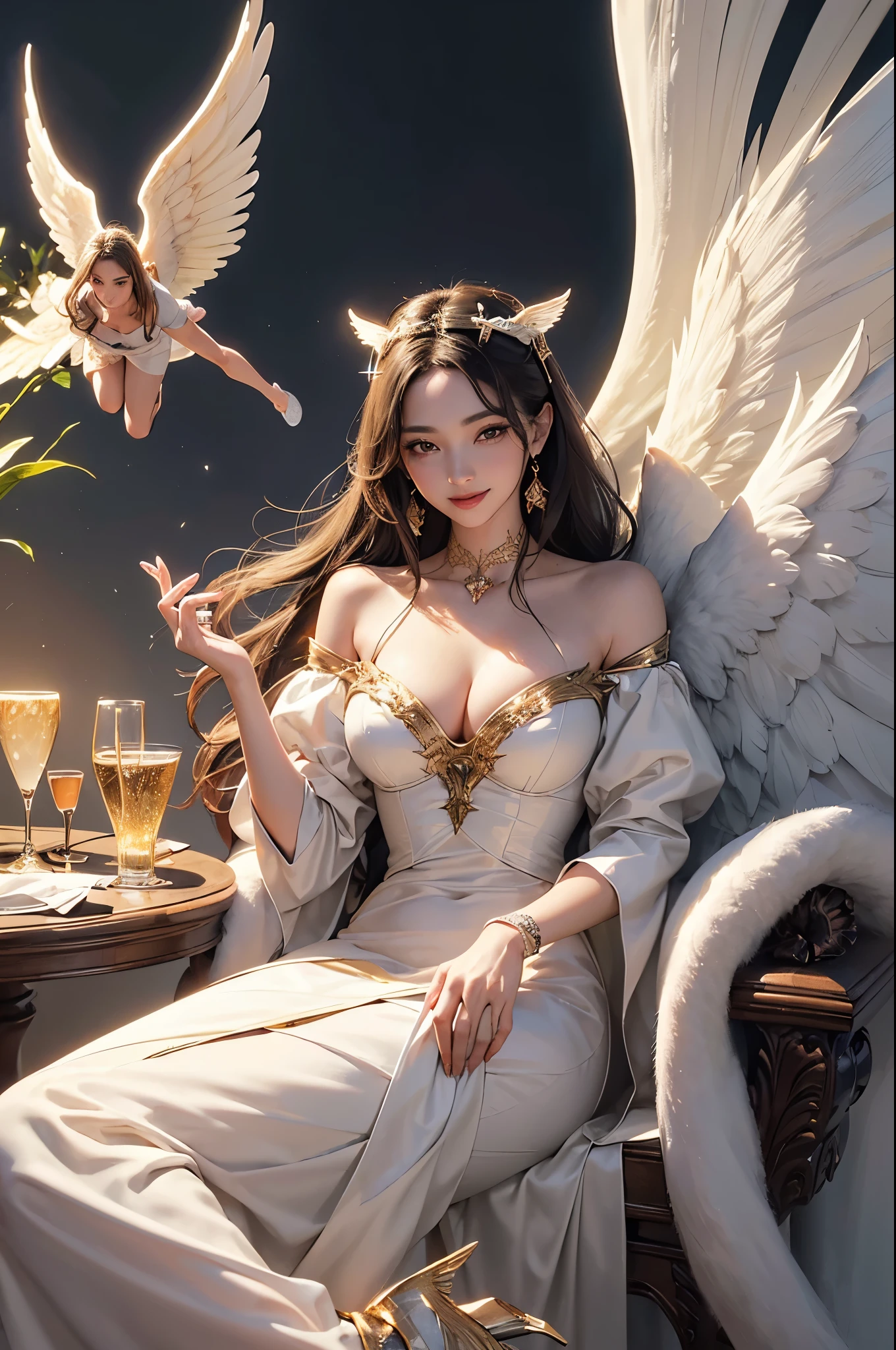 ((Finest quality)),(超A high resolution),(ultra-detailliert),(Meticulous portrayal),((best pictures)),(Finest works of art),Ultra-Precision Art,The art of astounding depiction, (1 Female Angel:1.5),a smile,Flapping,Fluttering feathers