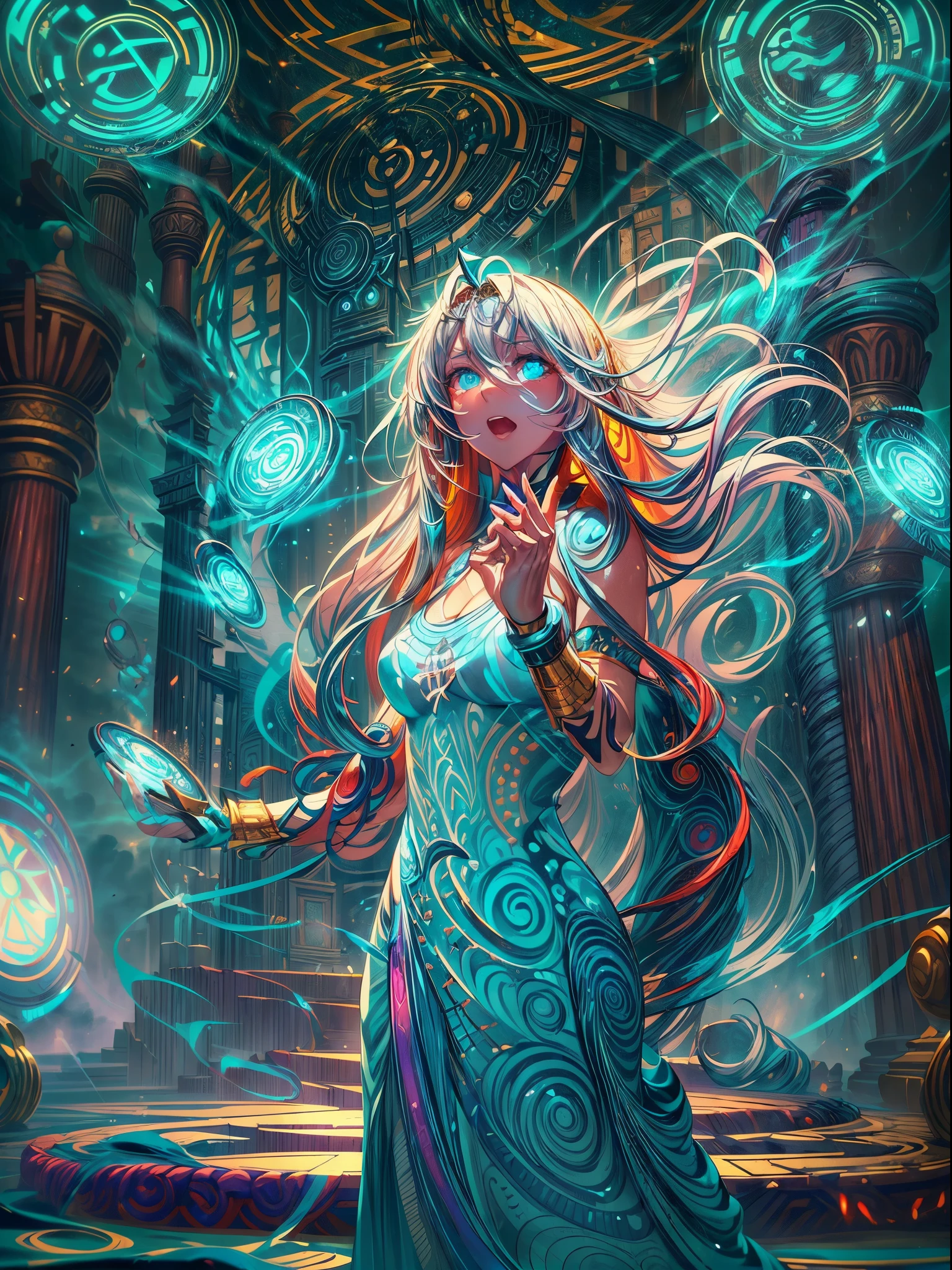 high details, best quality, 8k, [ultra detailed], masterpiece, best quality, (extremely detailed), dynamic angle, ultra wide shot, photorealistic, fantasy art, dnd art, rpg art, realistic art, an ultra wide picture of a female human (1.5 intricate details, Masterpiece, best quality) godess of light (( blue radiant aural)),  ((controlling a swirling blue radiant magic)), manipulating purple radiant magical sigils, human female, blond  hair, long hair with aura, hair with radiant eyes, intense eyes, ((radiant eyes)), ((glowing eyes)), dynamic clothing, fantasy temple background, GlowingRunes_red((divine worship atmosphere)), high details, best quality, highres, ultra wide angle