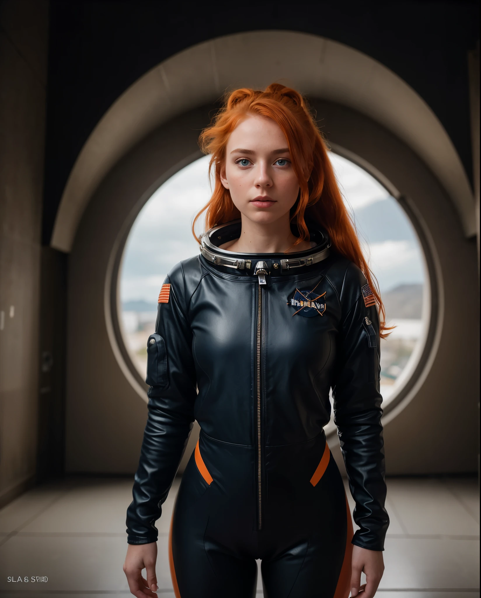 1girl, skin pores texture, ((redhead)) with ((2 buns hair)), blue eyes, ((Joana Gate)) 23 years old, piercing eyes, HD , Photography, movie, cinematic, ((slim waist)), ((full body black and orange spacesuit)), ((astronaut helmet)), ((standing on the moon with earth in the back)), Realistic, (8k, RAW photo, best quality, masterpiece:1.2), (realistic, photo-realistic:1.33), best quality, cute,natural lighting, depth of field, film grain, sharp, detailed, wide view, ((full body view)), ((facing camera))