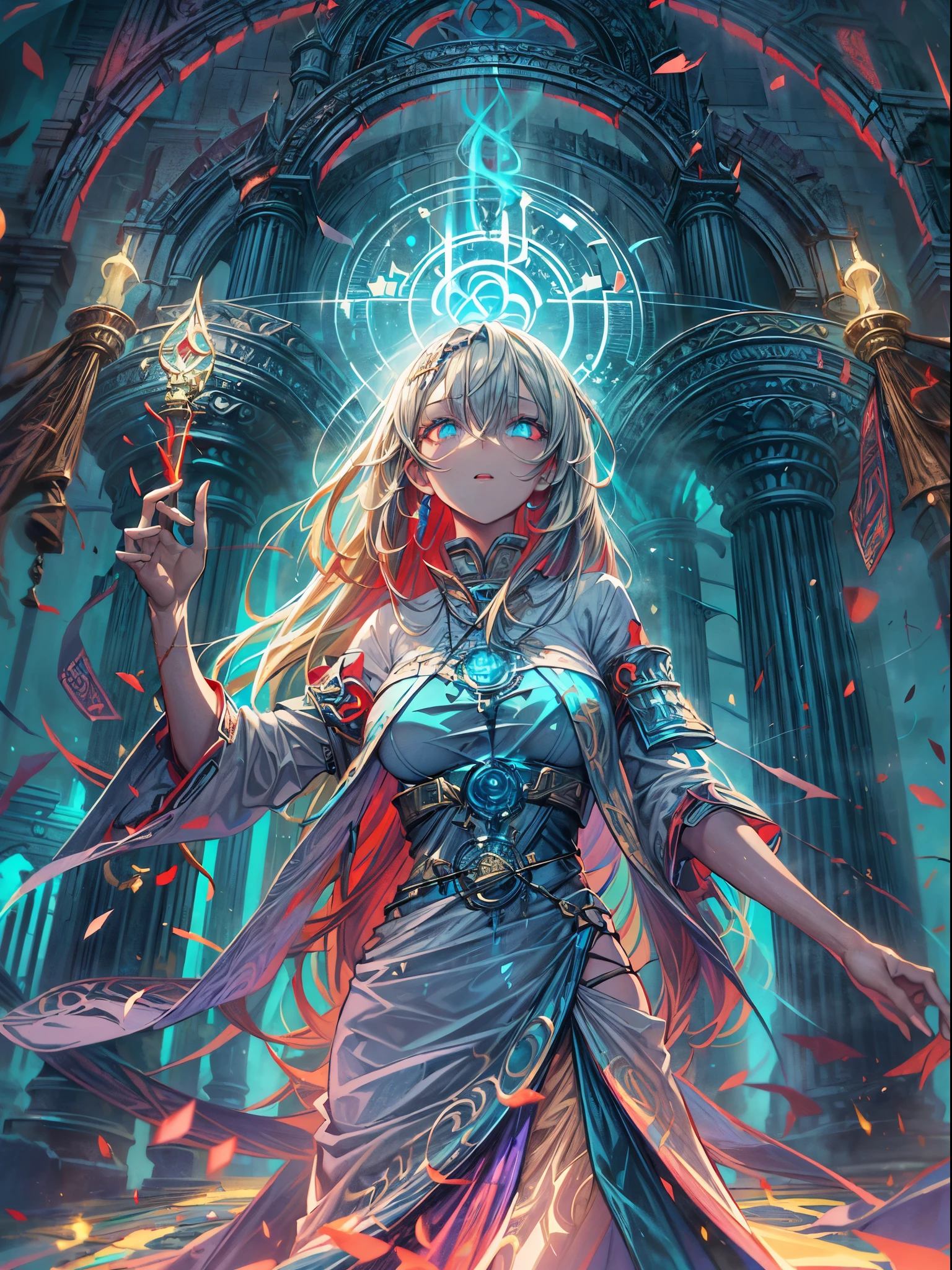 high details, best quality, 8k, [ultra detailed], masterpiece, best quality, (extremely detailed), dynamic angle, ultra wide shot, photorealistic, fantasy art, dnd art, rpg art, realistic art, an ultra wide picture of a female human (1.5 intricate details, Masterpiece, best quality) godess of light (( blue radiant aural)),  ((controlling a swirling blue radiant magic)), manipulating purple radiant magical sigils, human female, blond  hair, long hair with aura, hair with radiant eyes, intense eyes, ((radiant eyes)), ((glowing eyes)), dynamic clothing, fantasy temple background, GlowingRunes_red((divine worship atmosphere)), high details, best quality, highres, ultra wide angle